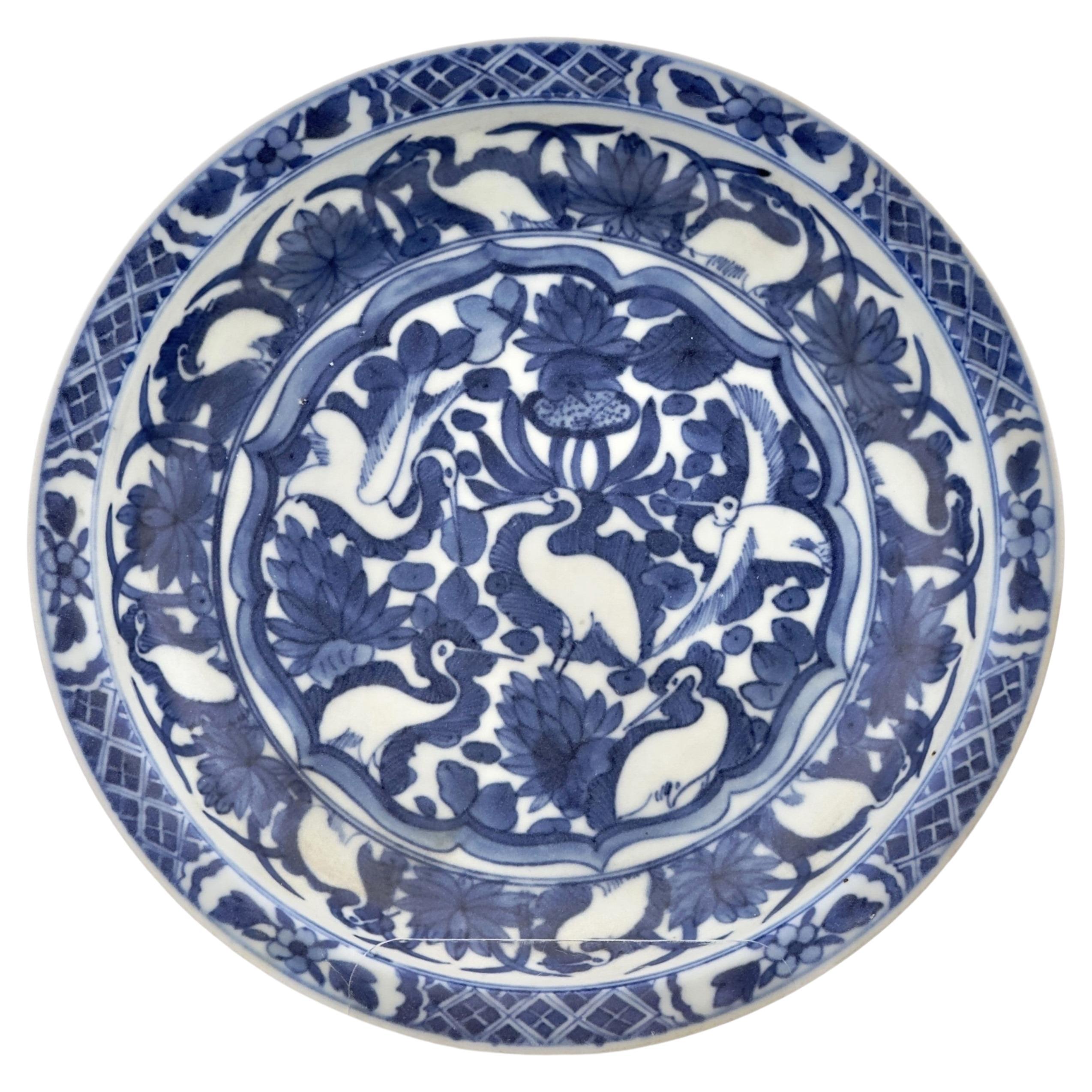 Blue and White 'Cranes in pond' Dish, Qing Dynasty, Kangxi Era, Circa 1690