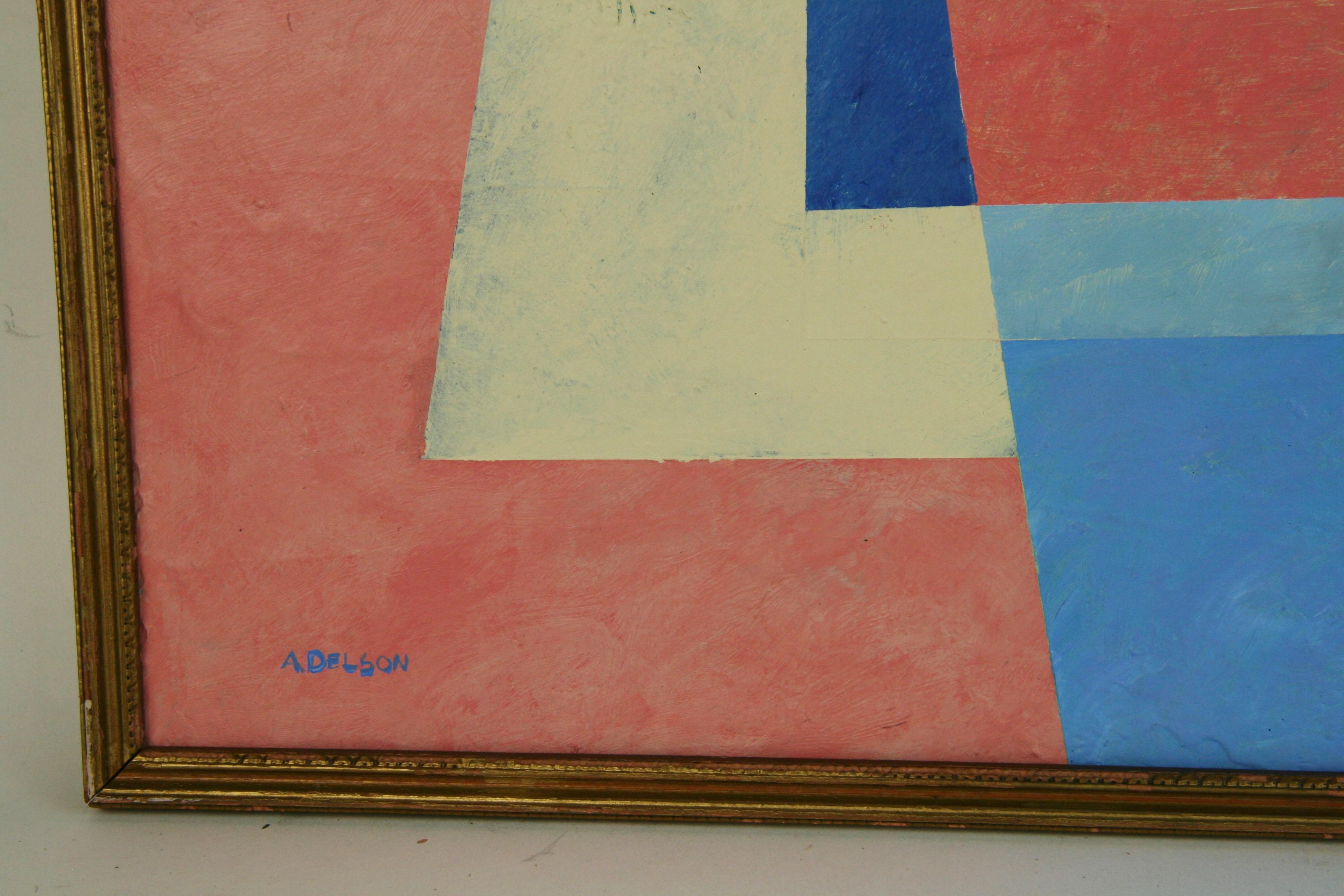Abstrait cubique bleu et blanc de A. Delson Bon état - En vente à Douglas Manor, NY