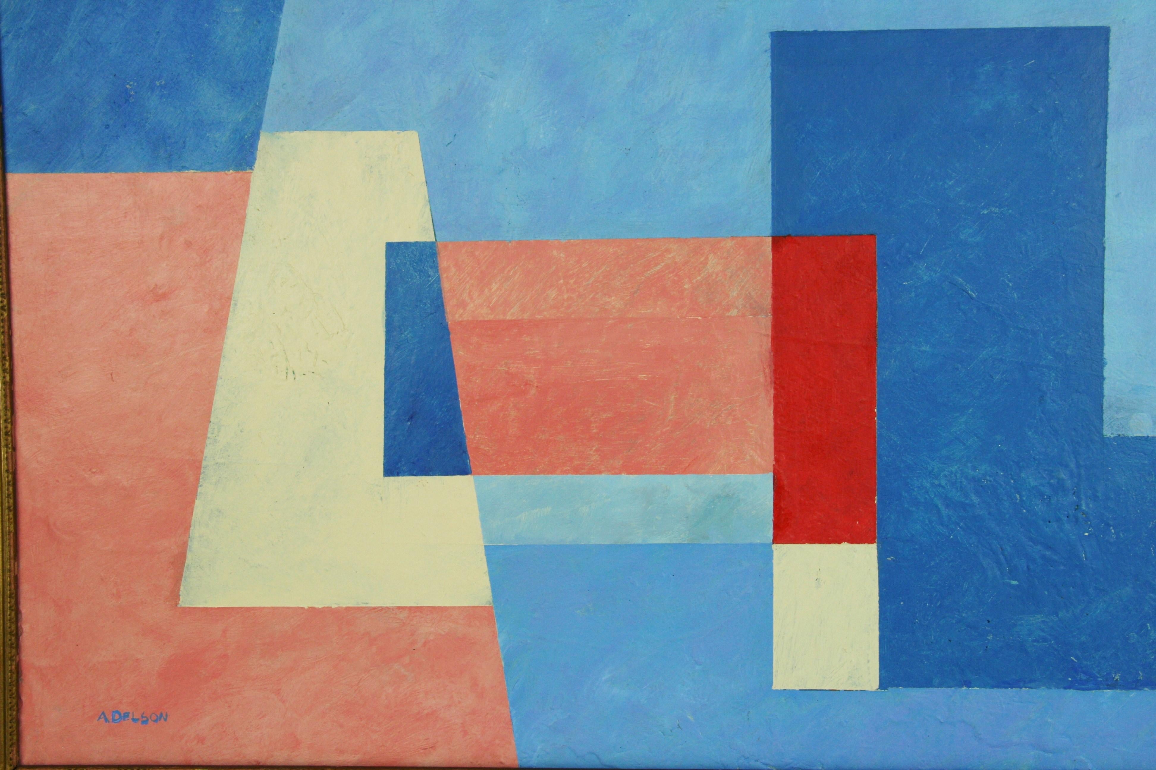 Acrylique Abstrait cubique bleu et blanc de A. Delson en vente