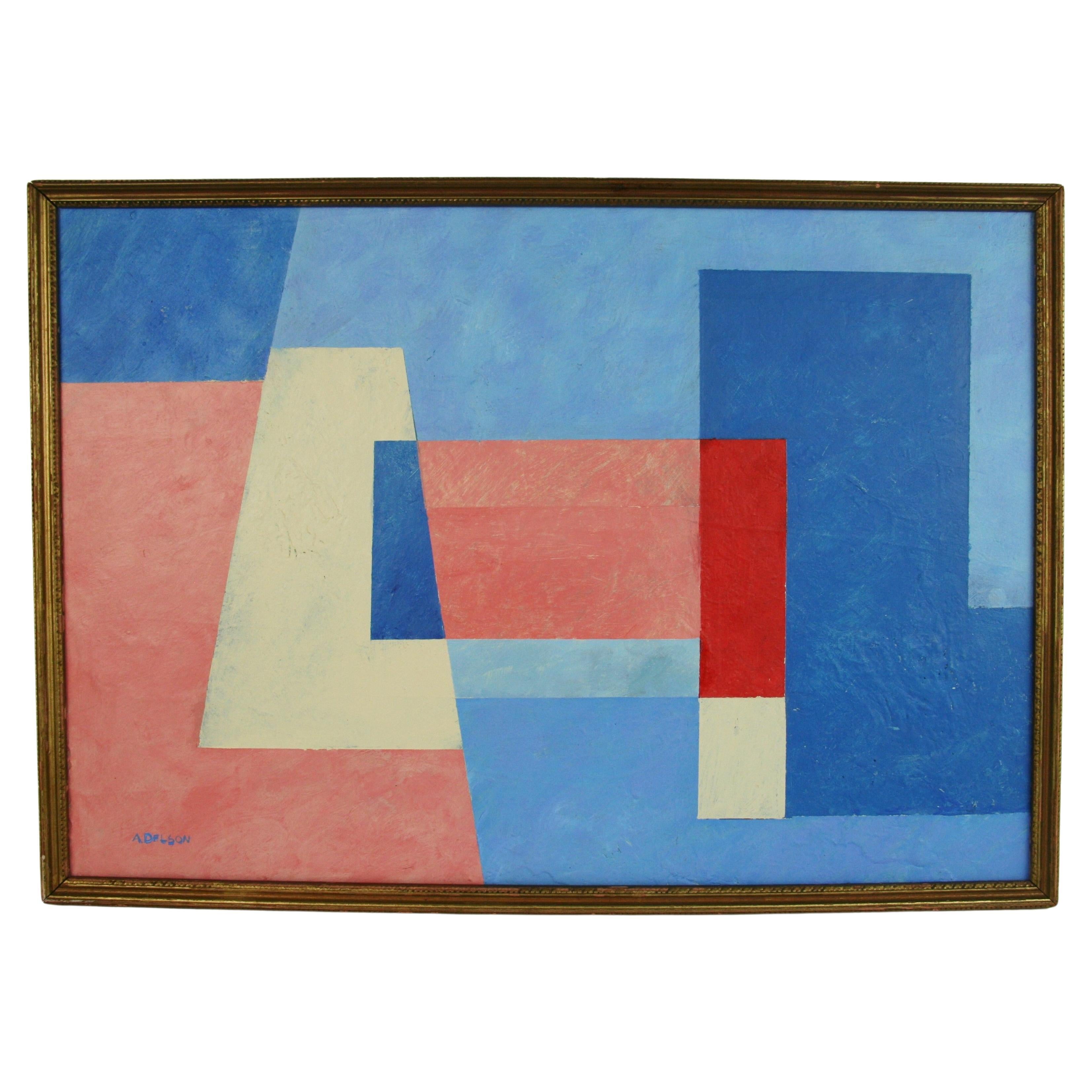 Abstrait cubique bleu et blanc de A. Delson en vente