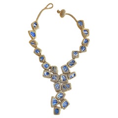 Blue and White cut Ceramics Hand Crochet Golden Thread Necklace