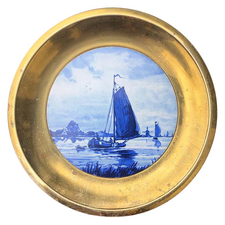 Blue and White Delf Blauw Plate with Brass back and Nautical Motif of Seascape