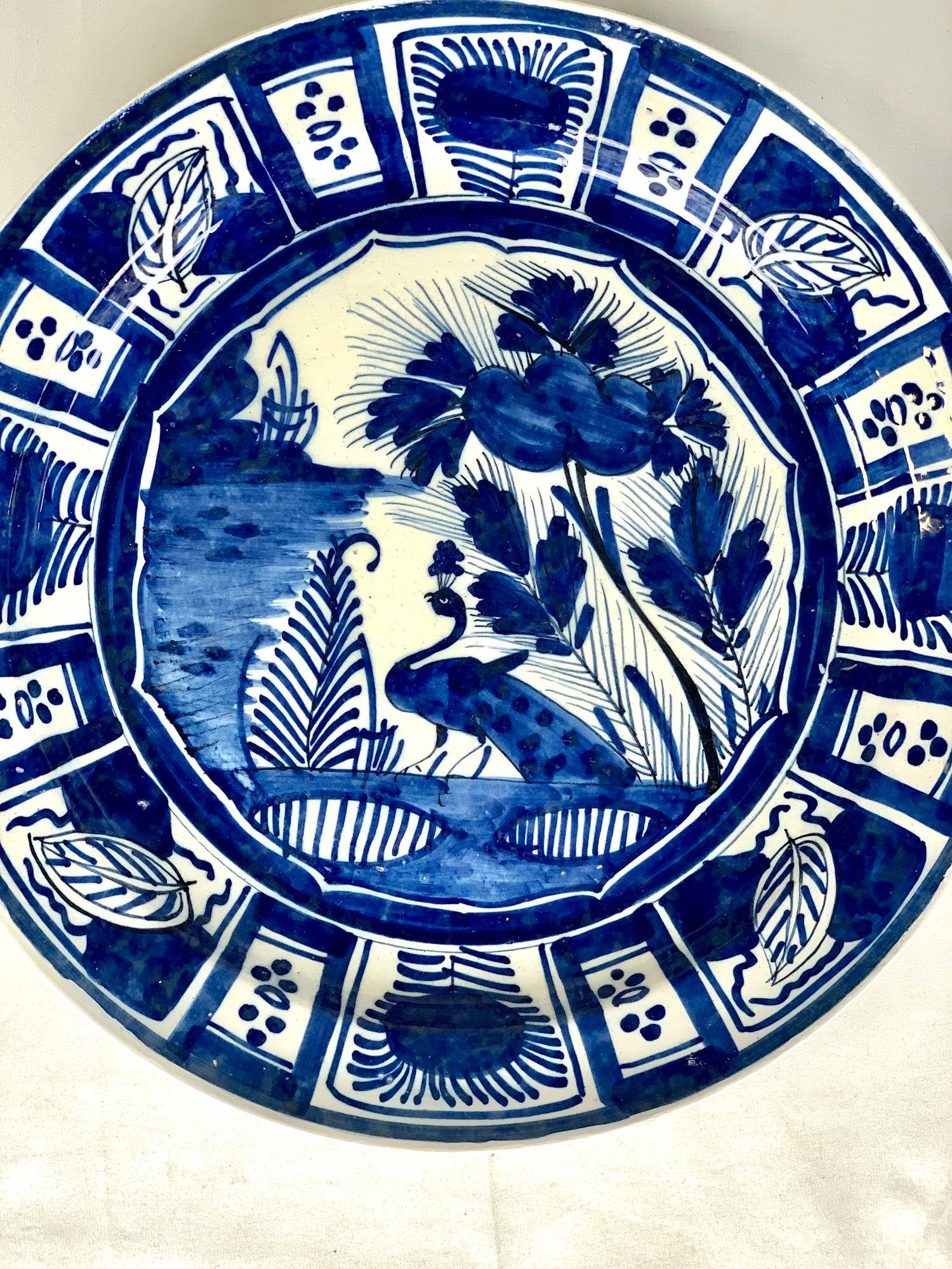 Chinoiserie Blue and White Delft Charger hand Painted 18th Century Netherlands Circa 1760 For Sale
