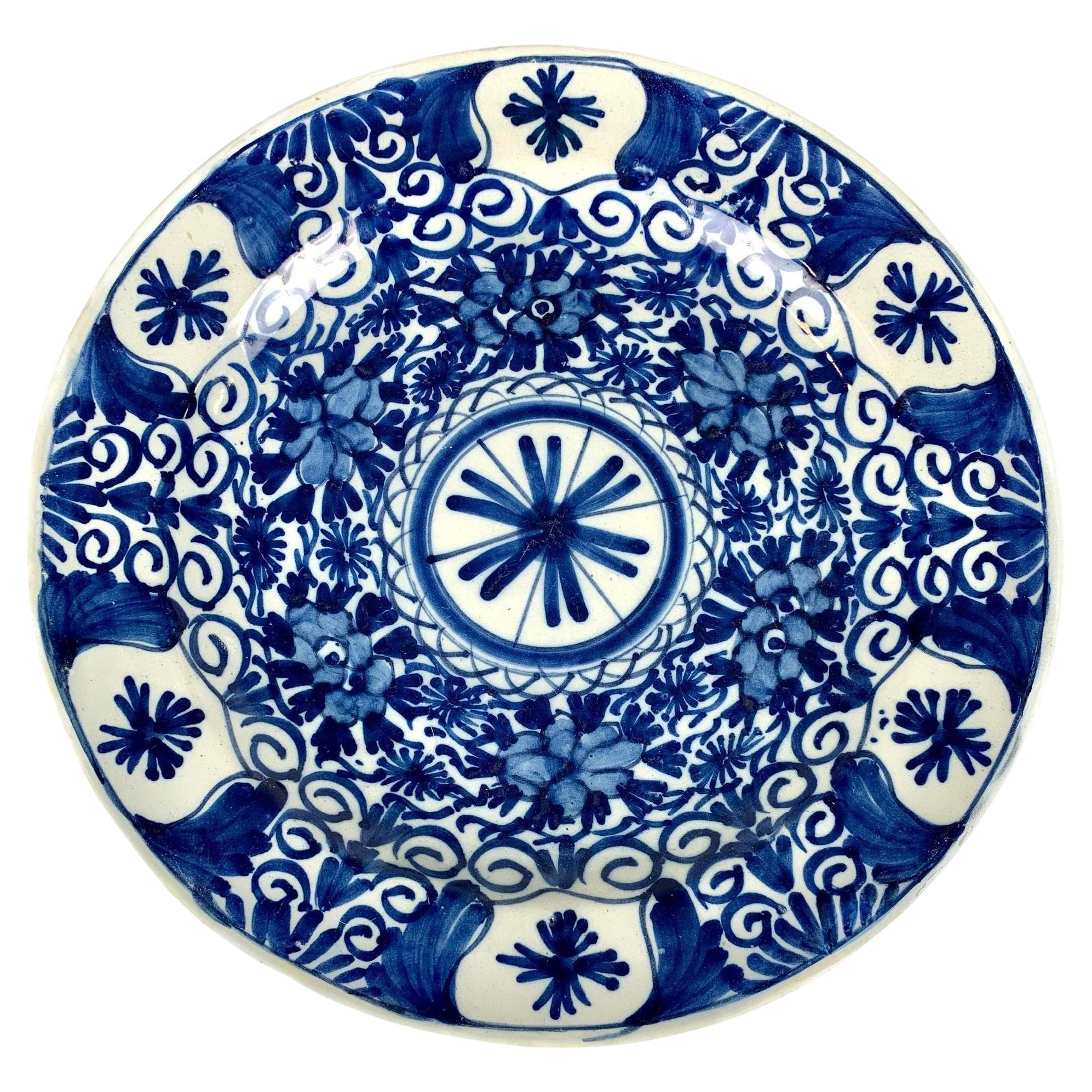 Blue and White Delft Charger Hand Painted 18th Century Netherlands, circa 1780 For Sale