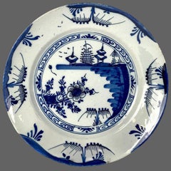 Blue and White Delft Charger Made Netherlands circa 1770 Chinoiserie Decoration