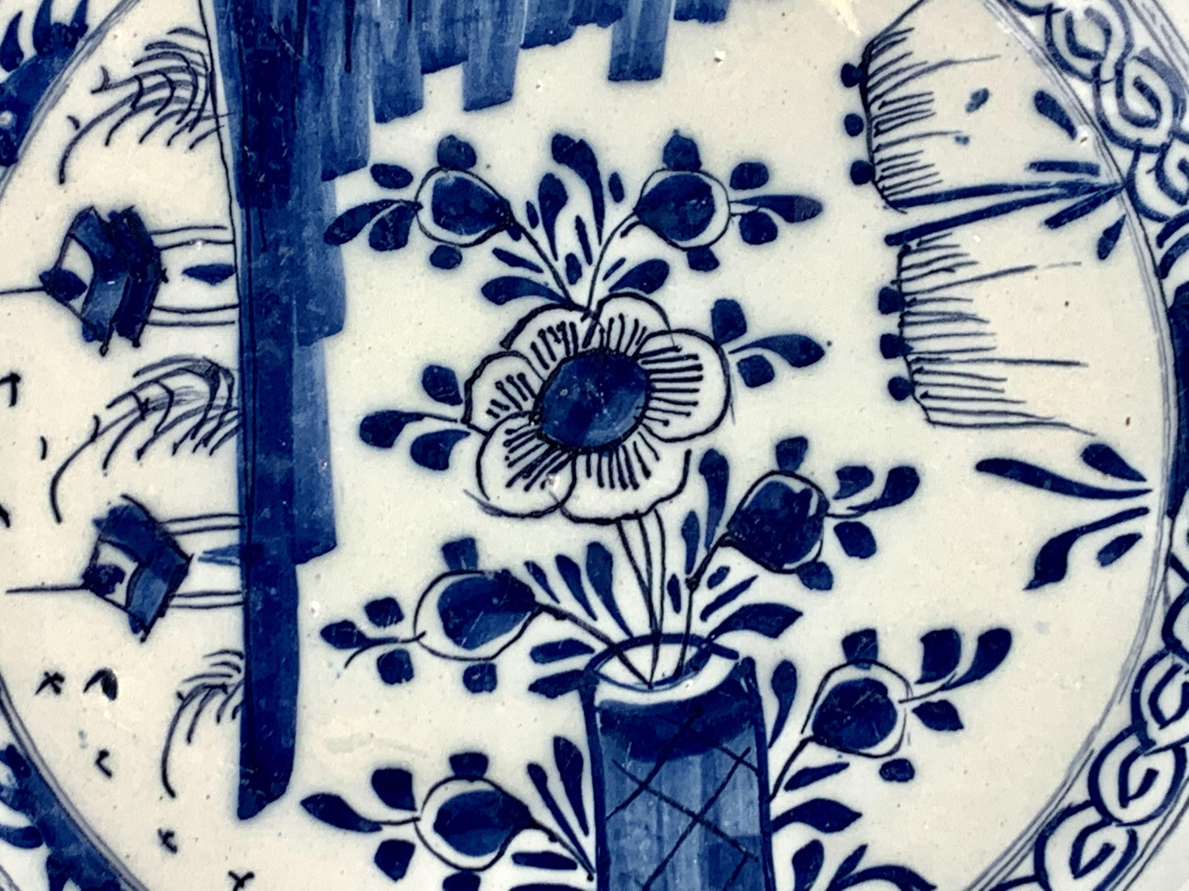 Blue and White Delft Charger Made Netherlands circa 1770 Chinoiserie Decoration In Excellent Condition For Sale In Katonah, NY