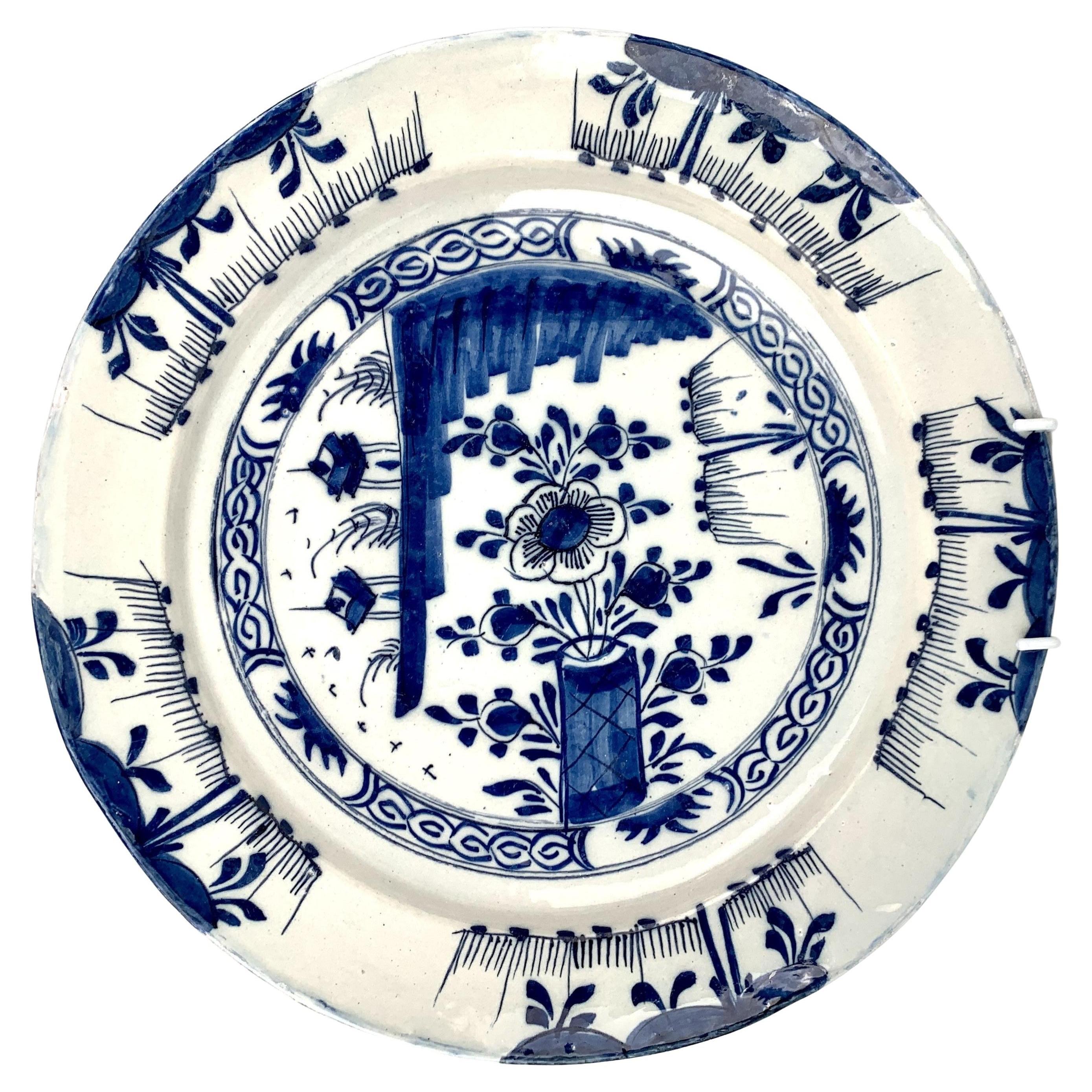 18th Century and Earlier Blue and White Delft Charger Made Netherlands circa 1770 Chinoiserie Decoration For Sale