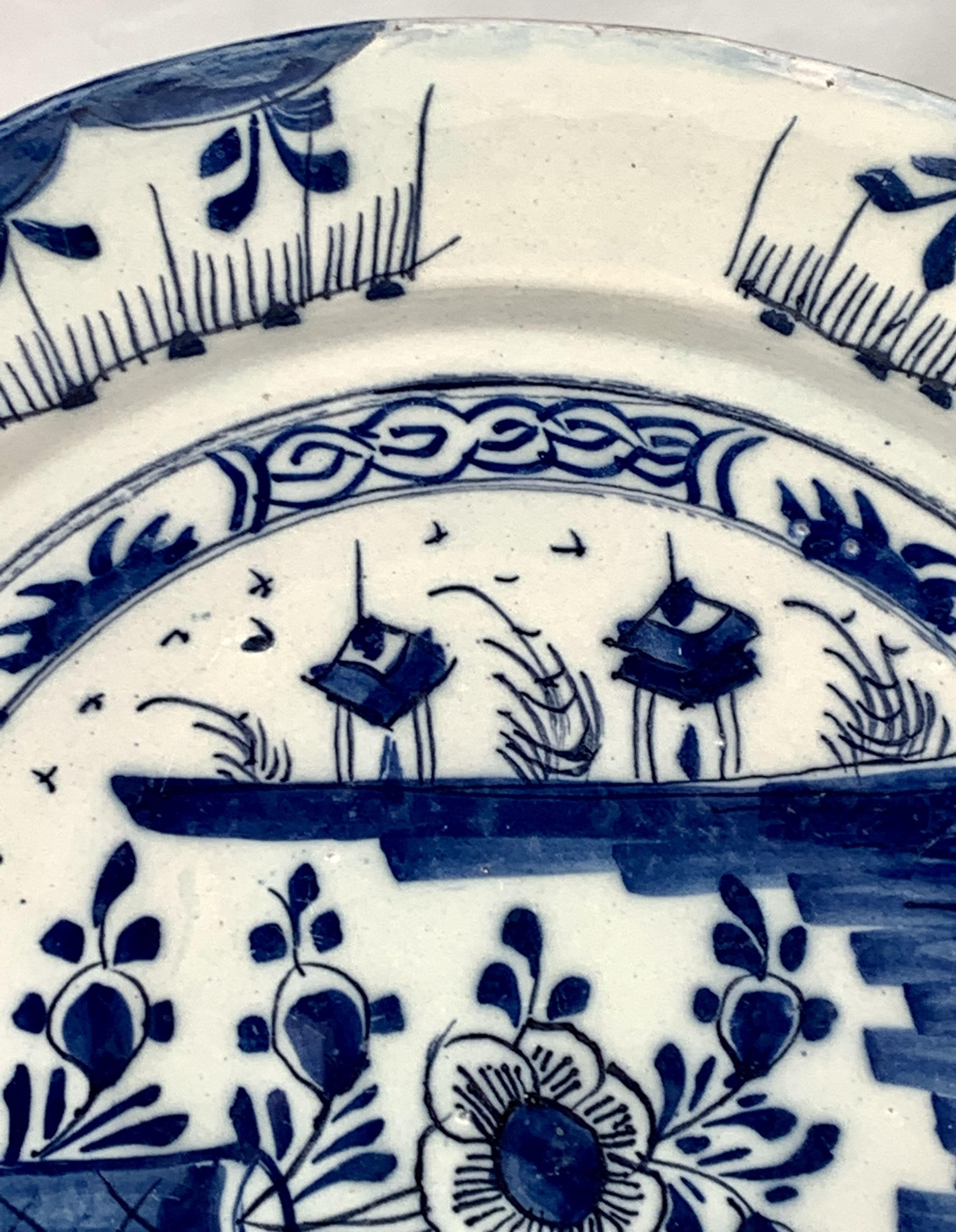 18th Century and Earlier Blue and White Delft Charger Made Netherlands circa 1770 Chinoiserie Decoration For Sale