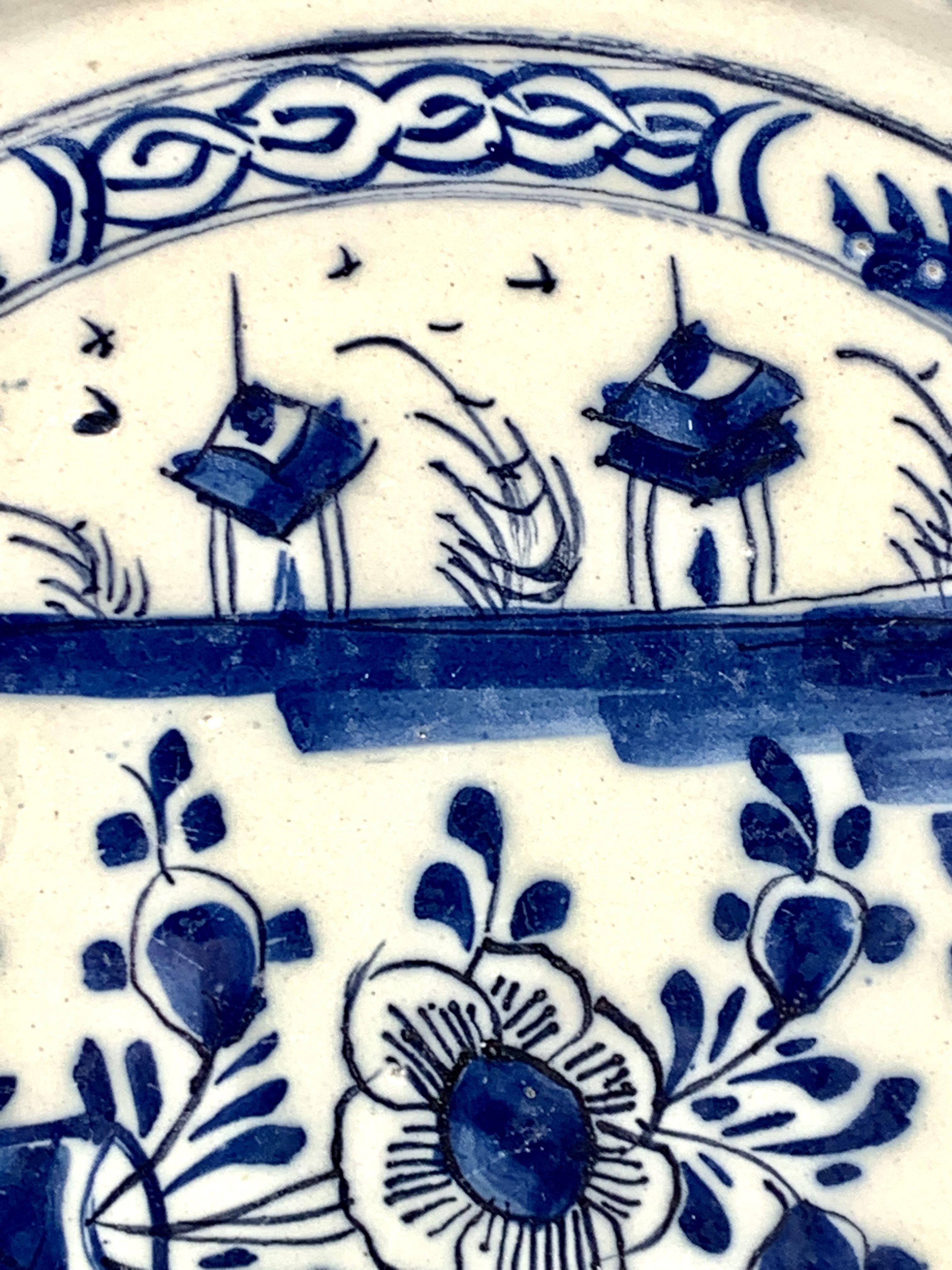 Blue and White Delft Charger Made Netherlands circa 1770 Chinoiserie Decoration For Sale 3