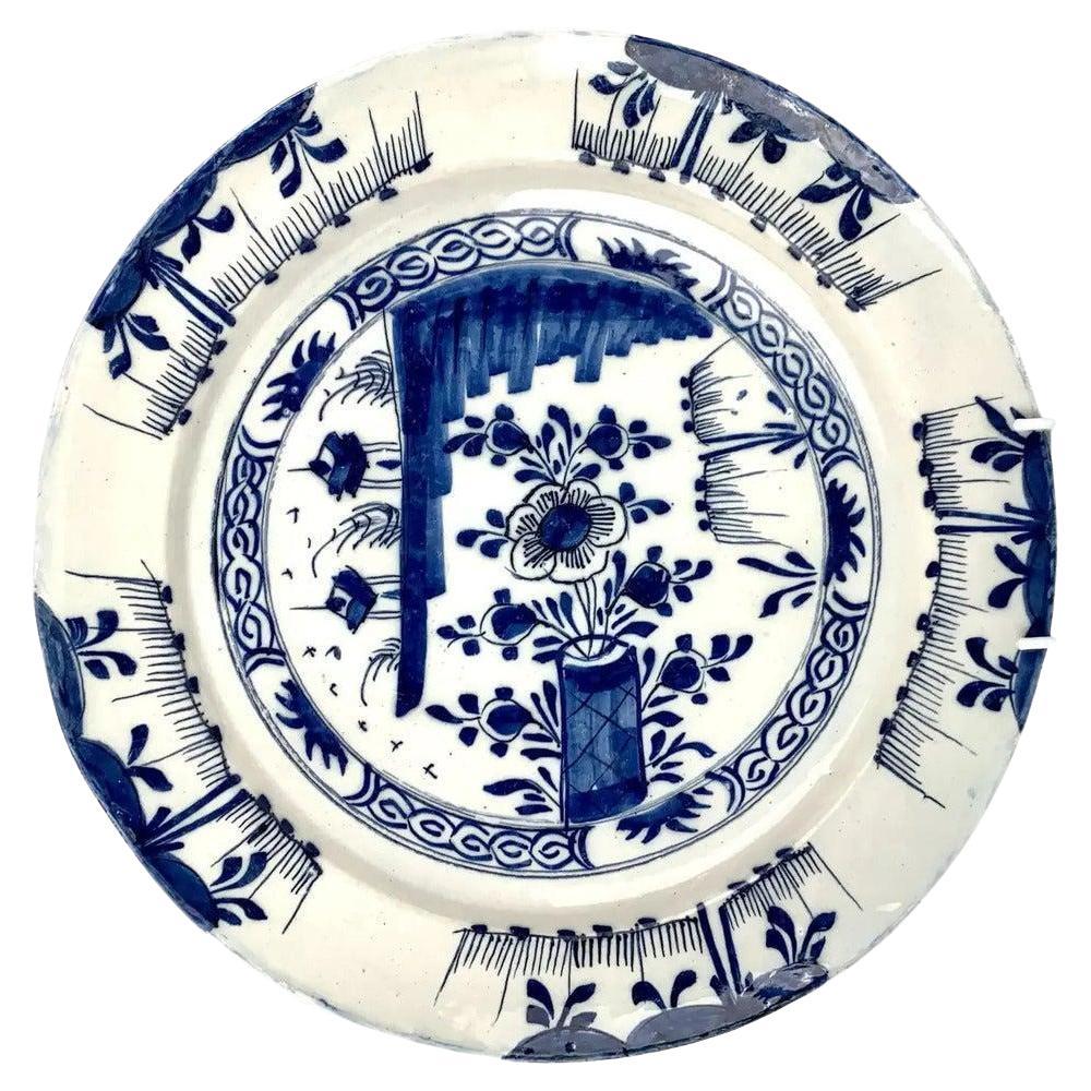 Blue and White Delft Charger Made Netherlands circa 1770 Chinoiserie Decoration