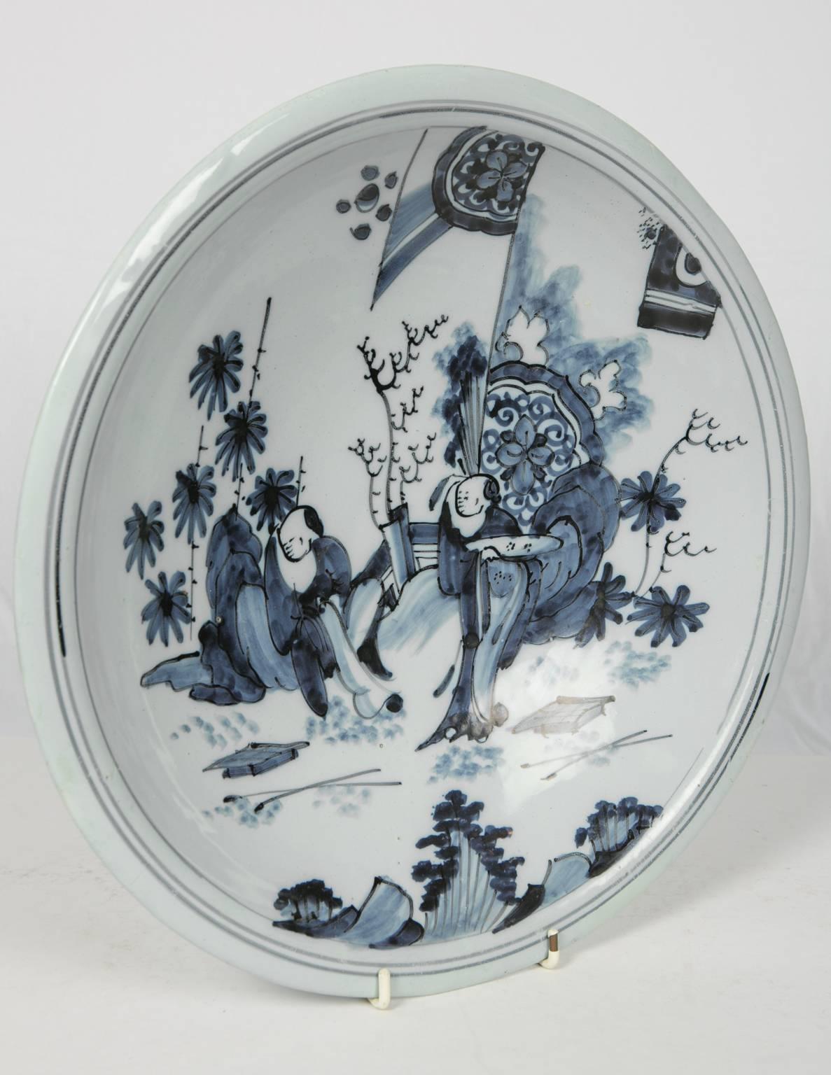 Dutch Blue and White Delft Charger with Chinese Inspired Scene Made circa 1640-1650