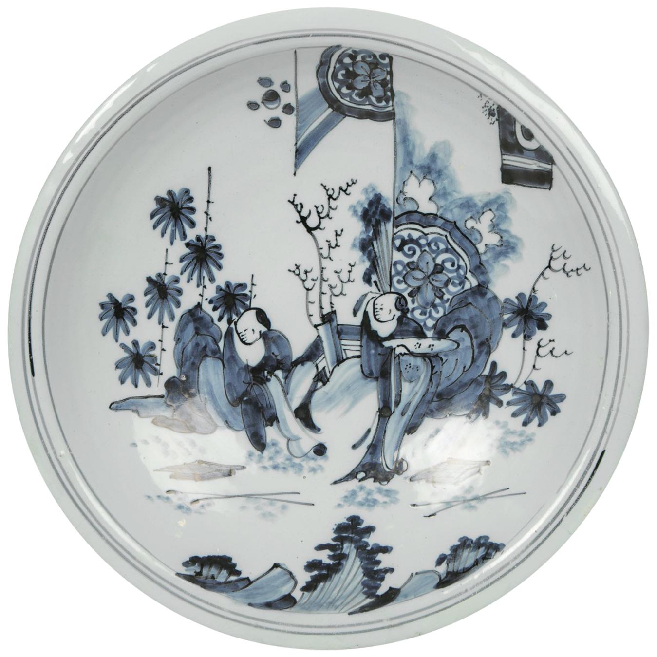 Blue and White Delft Charger with Chinese Inspired Scene Made circa 1640-1650