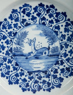Blue and White Delft Charger with Deer
