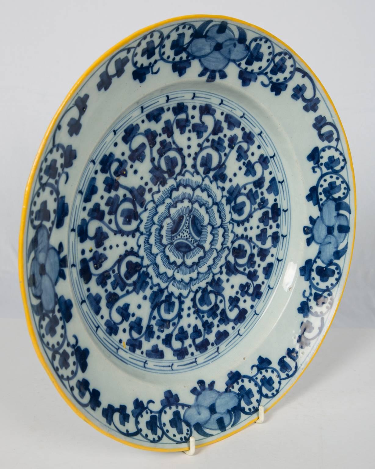 Dutch Blue and White Delft Charger with Yellow Edge Made circa 1770