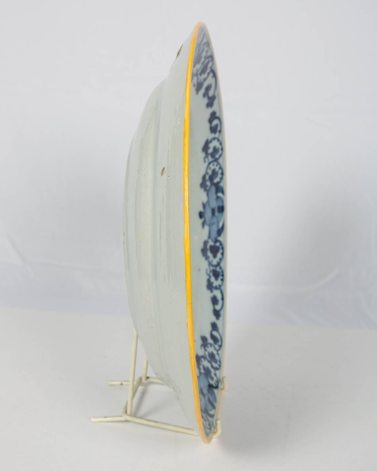 Hand-Painted Blue and White Delft Charger with Yellow Edge Made circa 1770