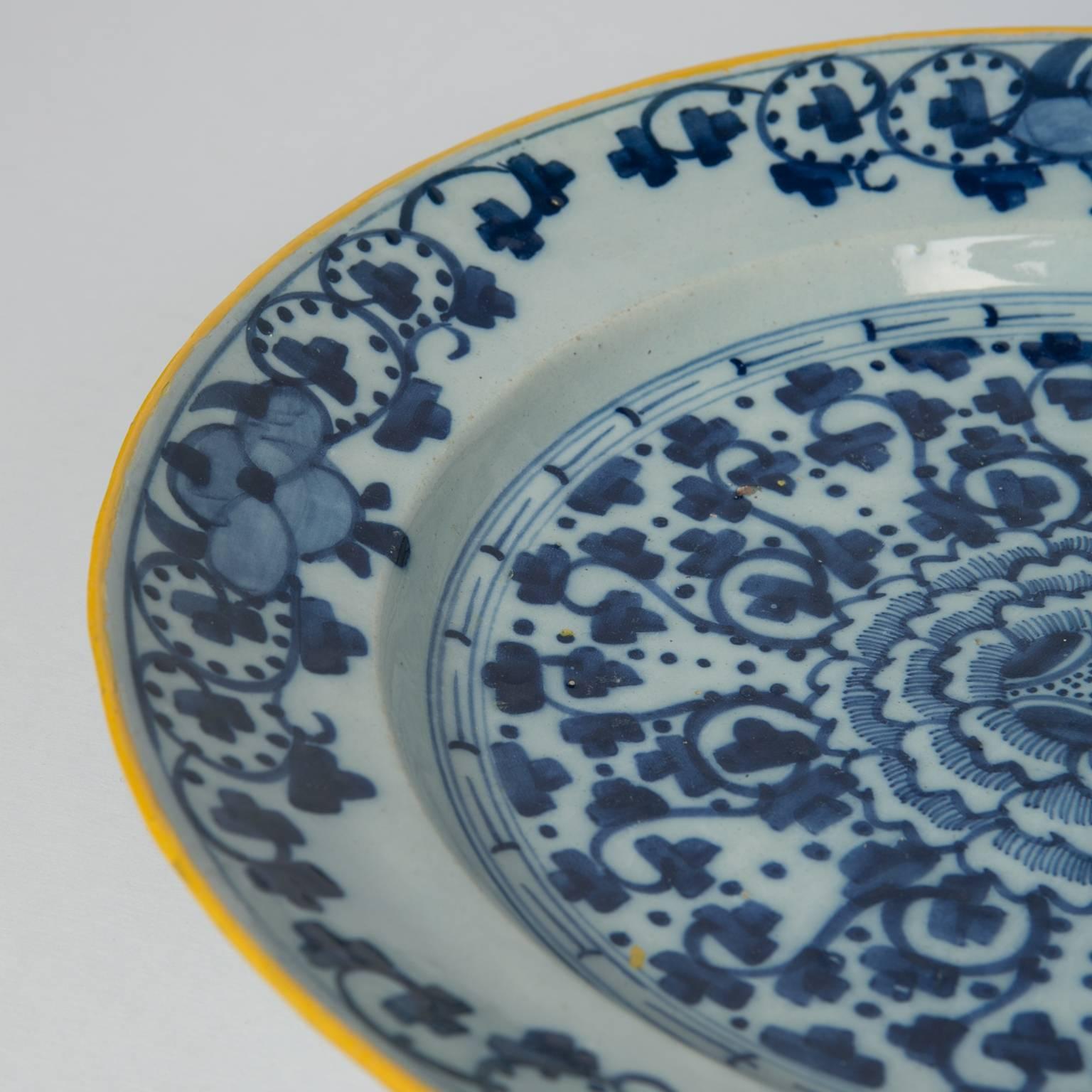 Late 18th Century Blue and White Delft Charger with Yellow Edge Made circa 1770