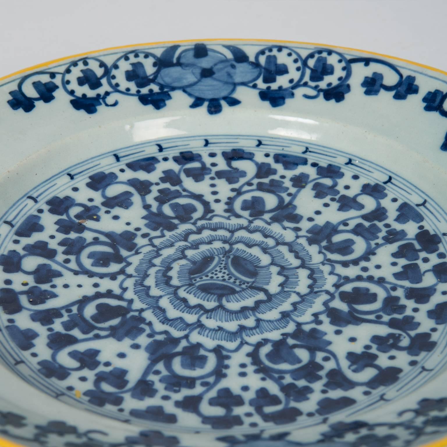 Blue and White Delft Charger with Yellow Edge Made circa 1770 1