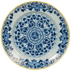 Blue and White Delft Charger with Yellow Edge Made circa 1770