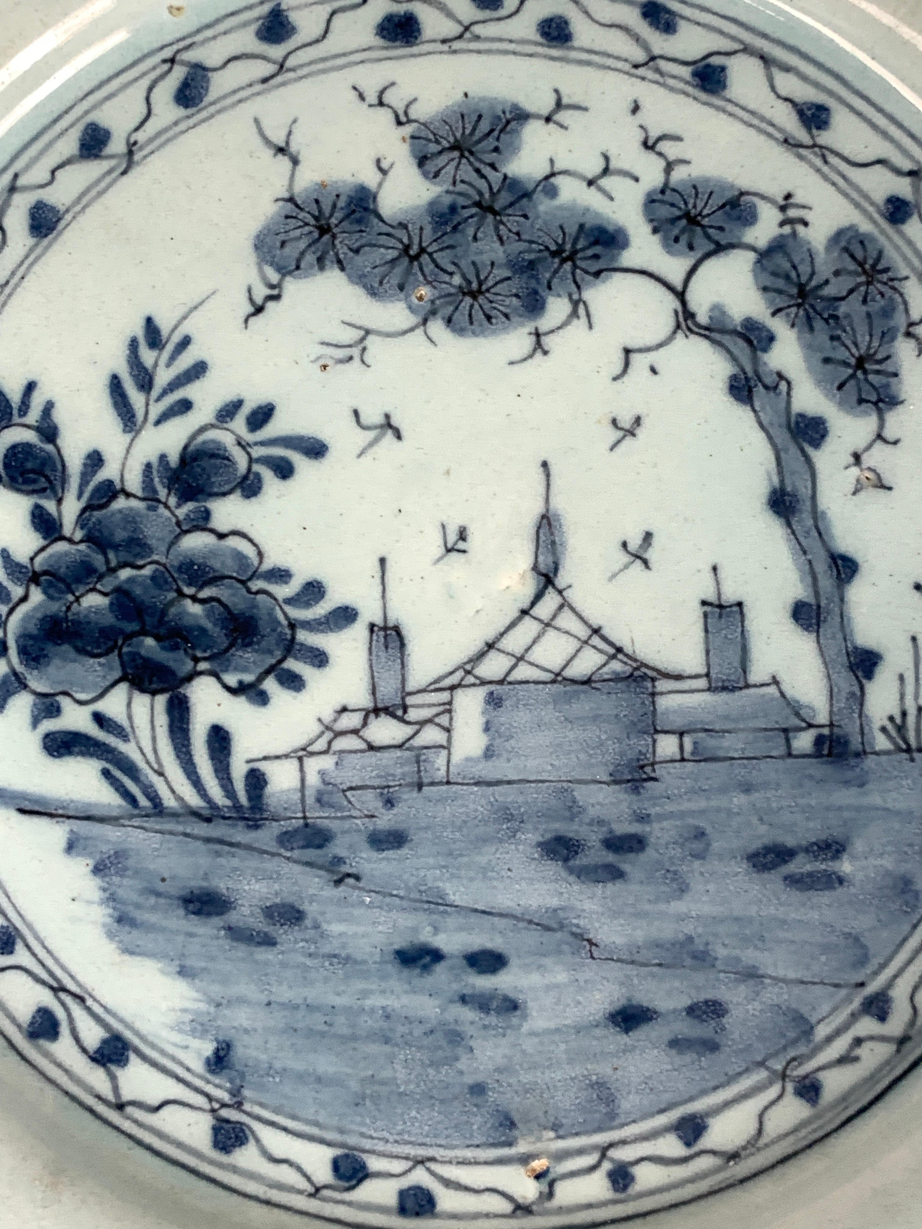 Rococo Blue and White Delft Dish Hand-Painted 18th Century, England, Circa 1760 For Sale