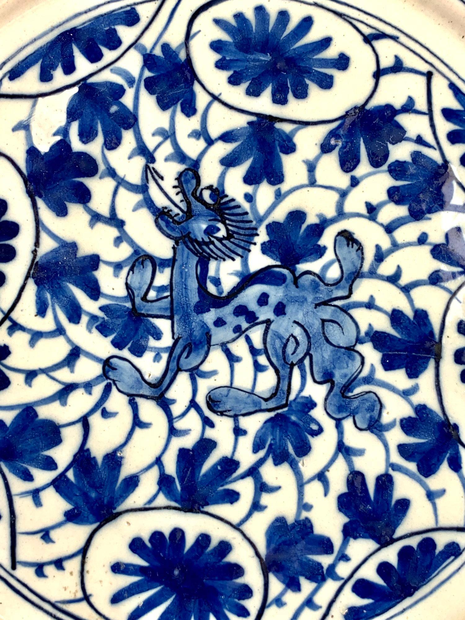 Chinoiserie Blue and White Delft Dish or Plate Hand Painted with Dragon Netherlands C-1780 For Sale