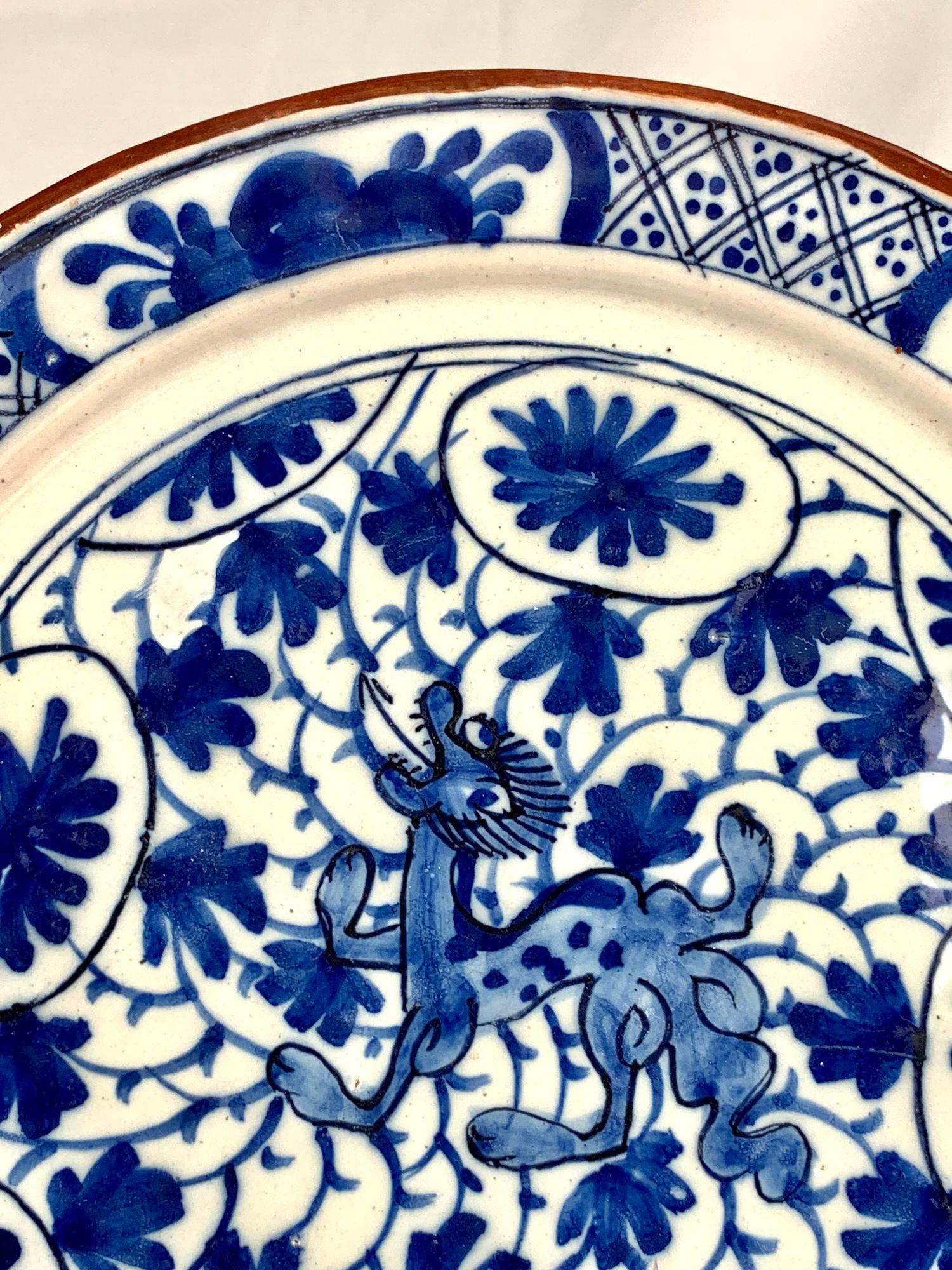 Hand-Painted Blue and White Delft Dish or Plate Hand Painted with Dragon Netherlands C-1780 For Sale