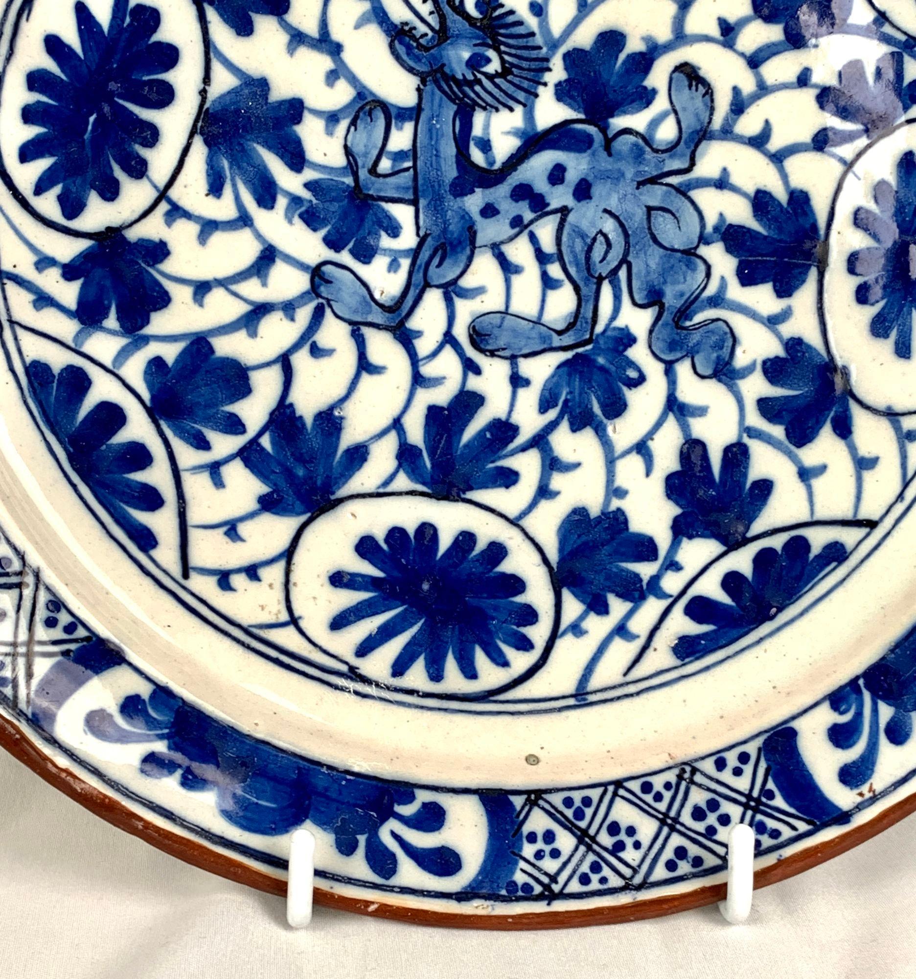 18th Century Blue and White Delft Dish or Plate Hand Painted with Dragon Netherlands C-1780 For Sale