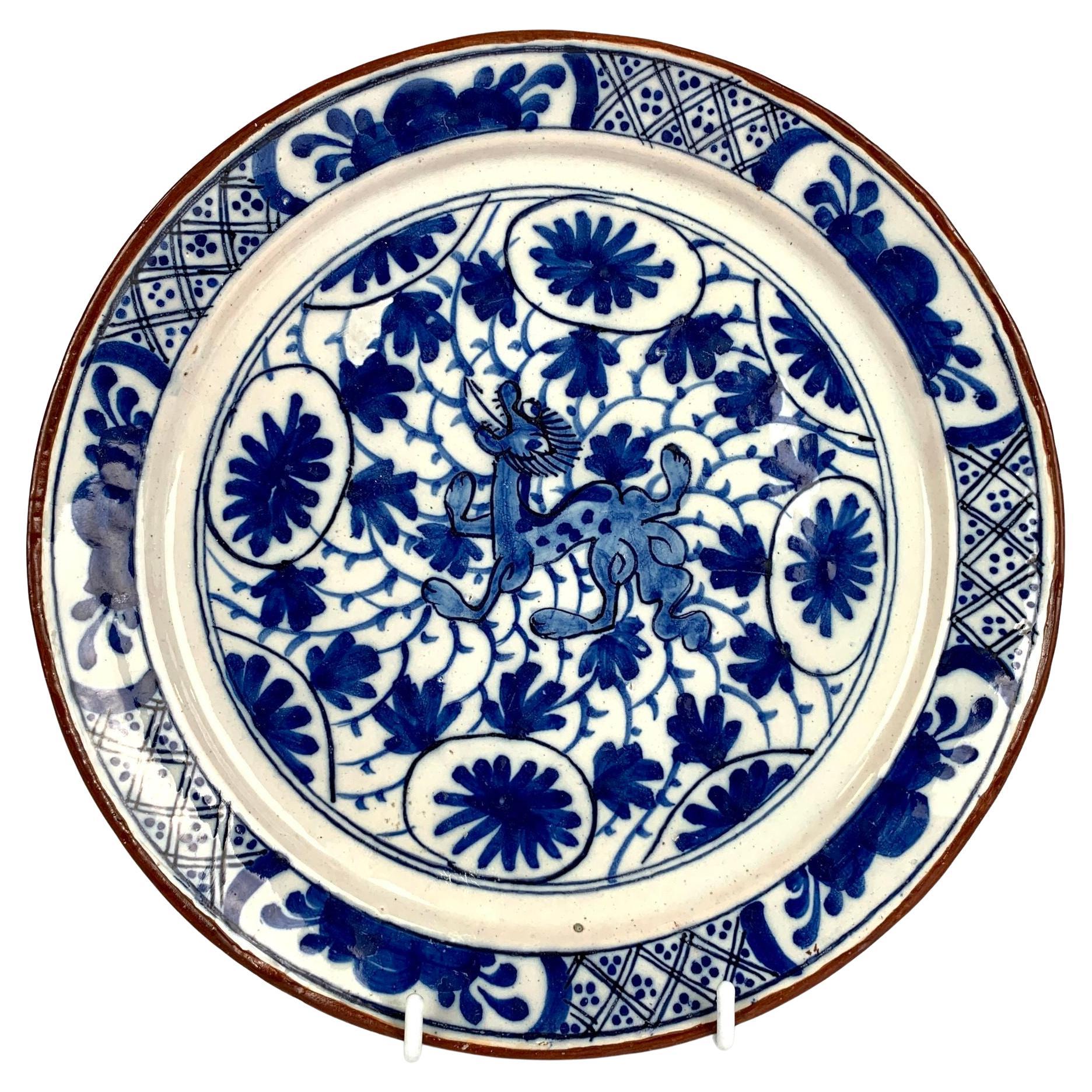 Blue and White Delft Dish or Plate Hand Painted with Dragon Netherlands C-1780 For Sale