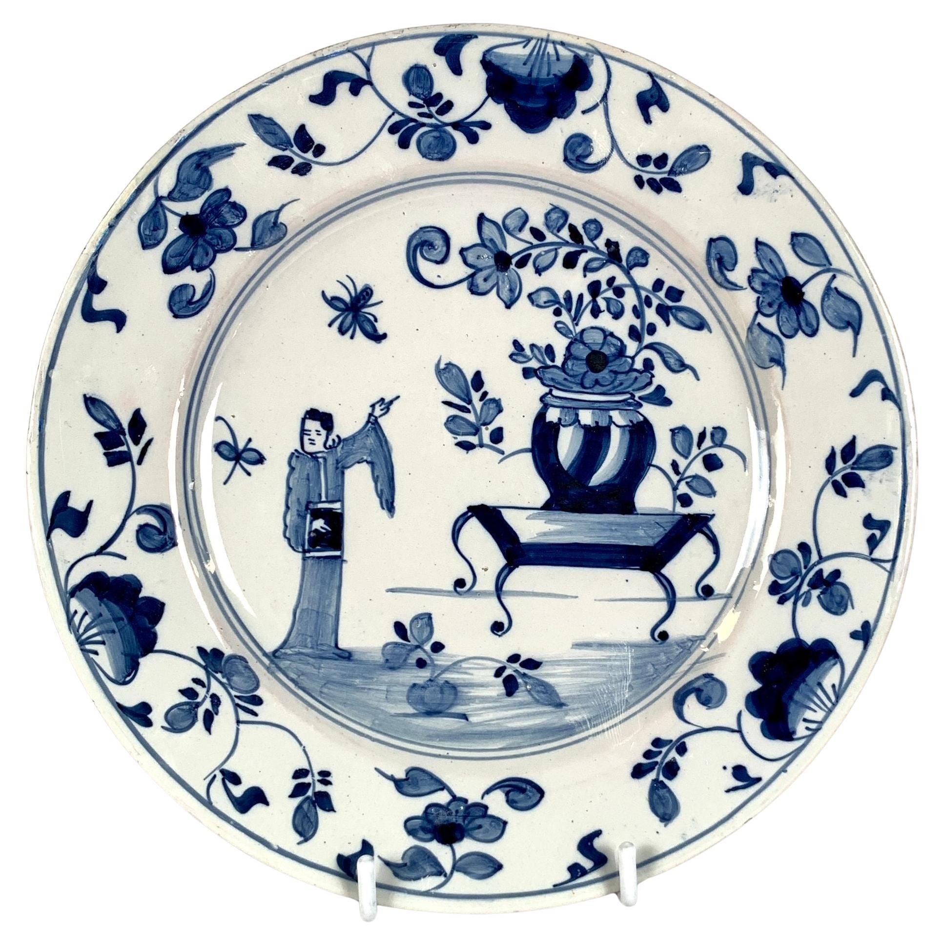 Blue and White Delft Dish Mid-18th Century Hand Painted Chinoiserie Circa 1760 For Sale