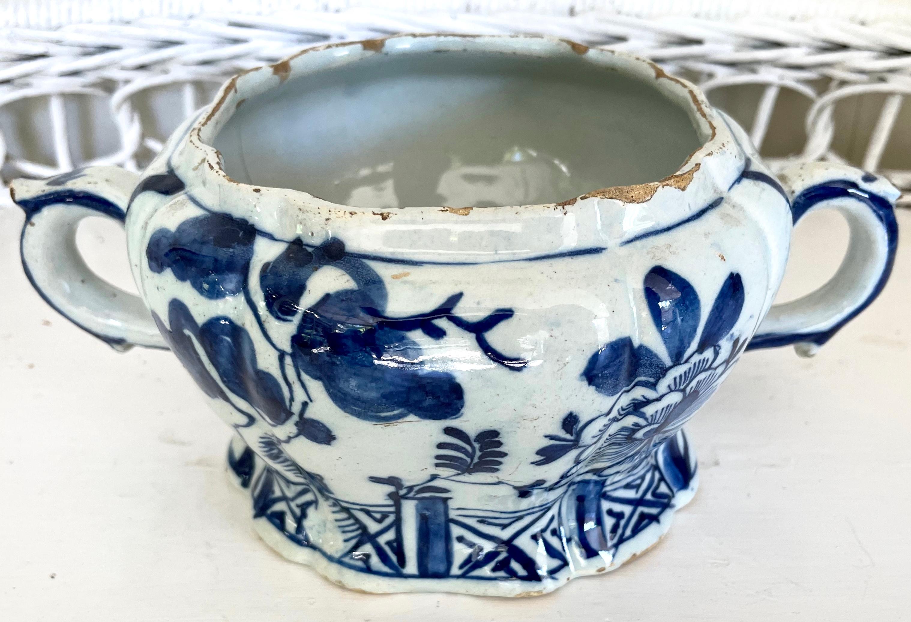 Glazed Blue and White Delft Handled Chinoiserie Vase For Sale