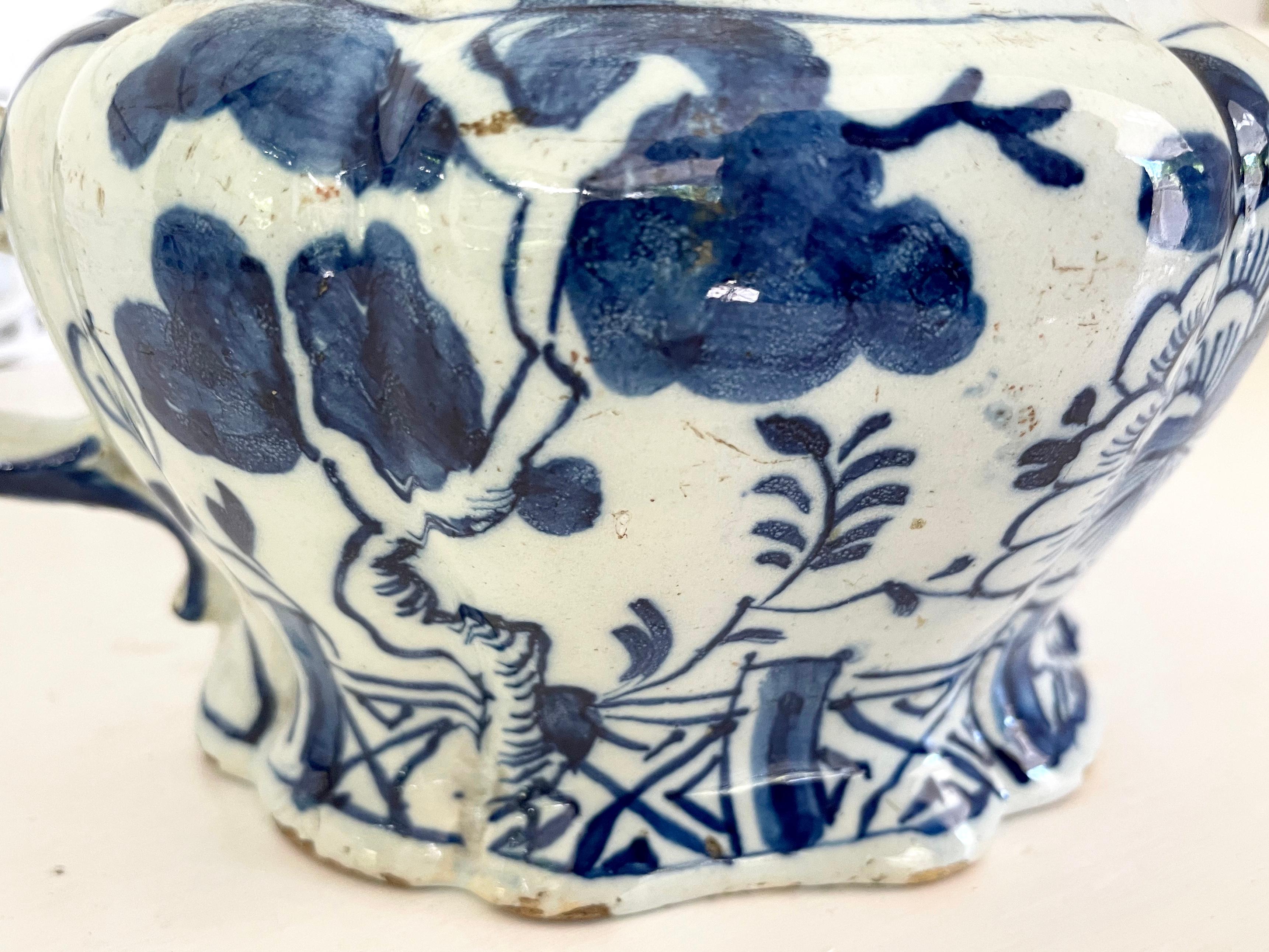 18th Century Blue and White Delft Handled Chinoiserie Vase For Sale