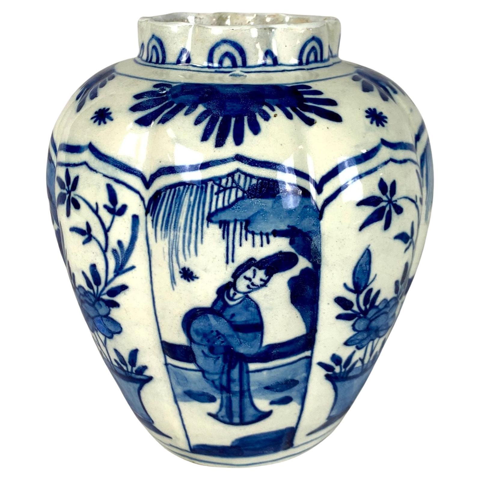 Blue and White Delft Jar Netherlands Made Circa 1800 For Sale