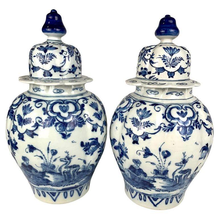 Hand-Painted Blue and White Delft Jars and Vases 18th and 19th Centuries 3 Pairs 4 Singles