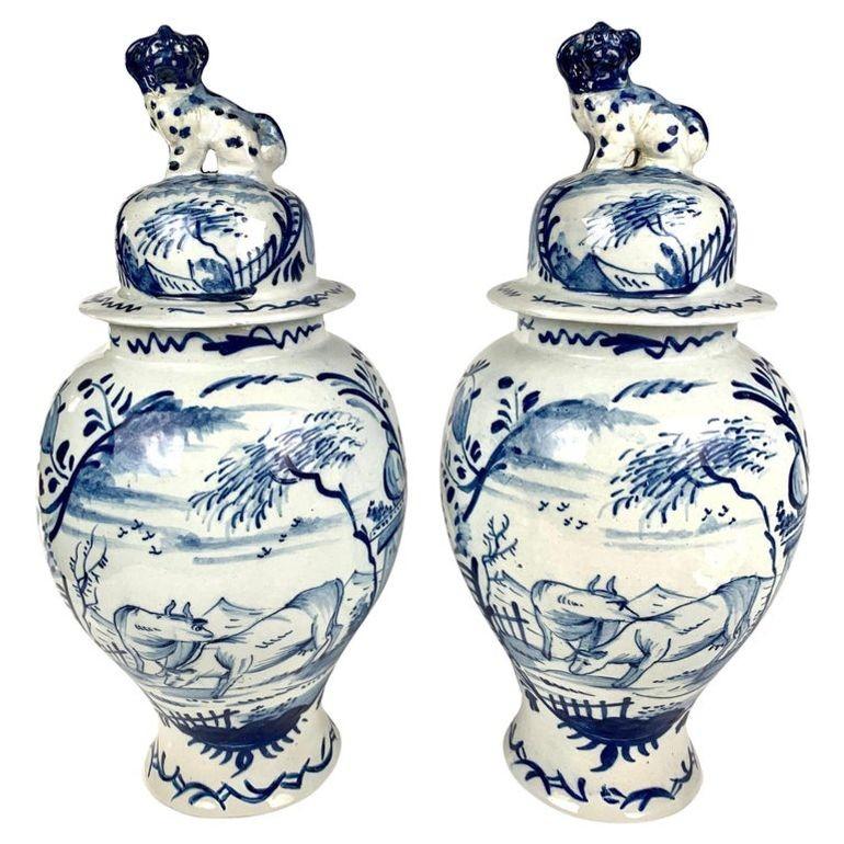 Blue and White Delft Jars and Vases 18th and 19th Centuries 3 Pairs 4 Singles In Excellent Condition In Katonah, NY