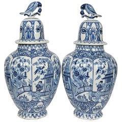 Blue and White Delft Jars Pair Antique with Bird Finials IN STOCK