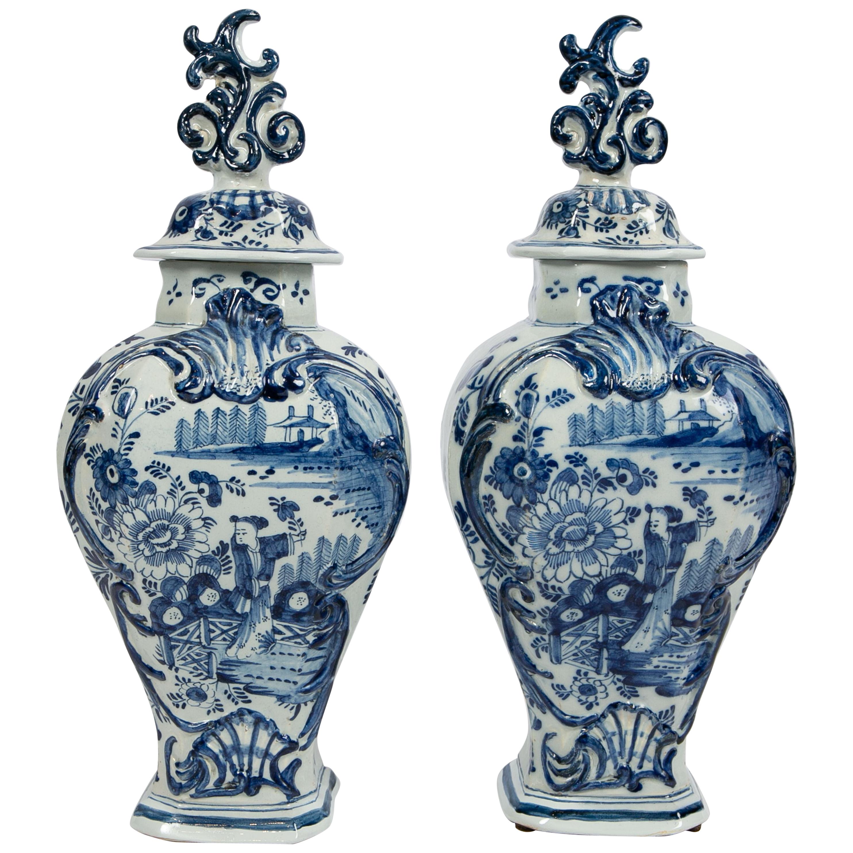 Pair Blue and White Delft Mantle Vases Made by De Grieksche A, circa 1703-1722