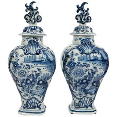 Used Pair Blue and White Delft Mantle Vases Made by De Grieksche A, circa 1703-1722