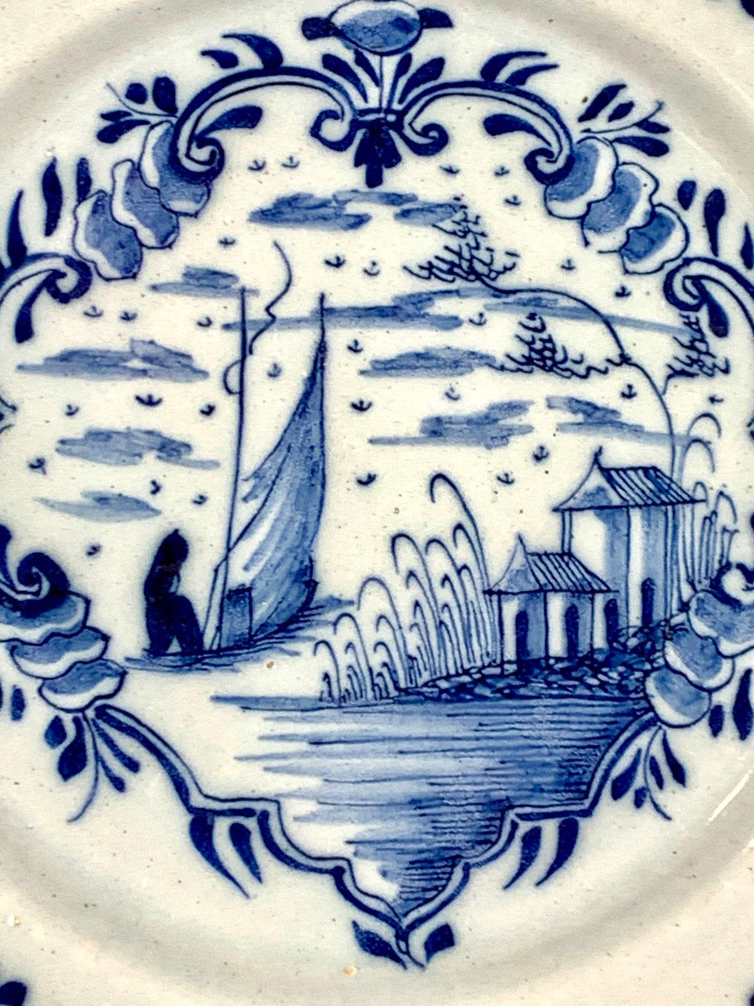 Hand-Painted Blue and White Delft Plate or Dish Hand Painted Netherlands 18th Century For Sale