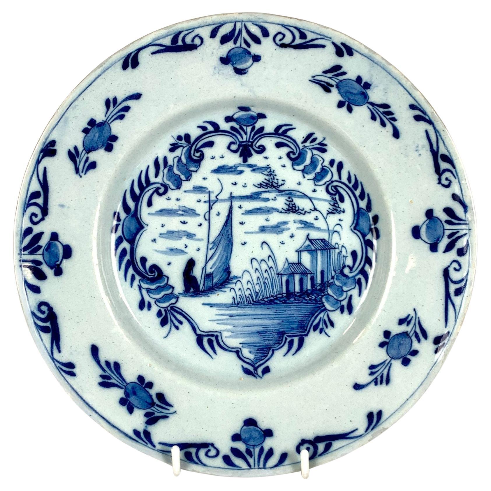 Blue and White Delft Plate or Dish Hand Painted Netherlands 18th Century For Sale