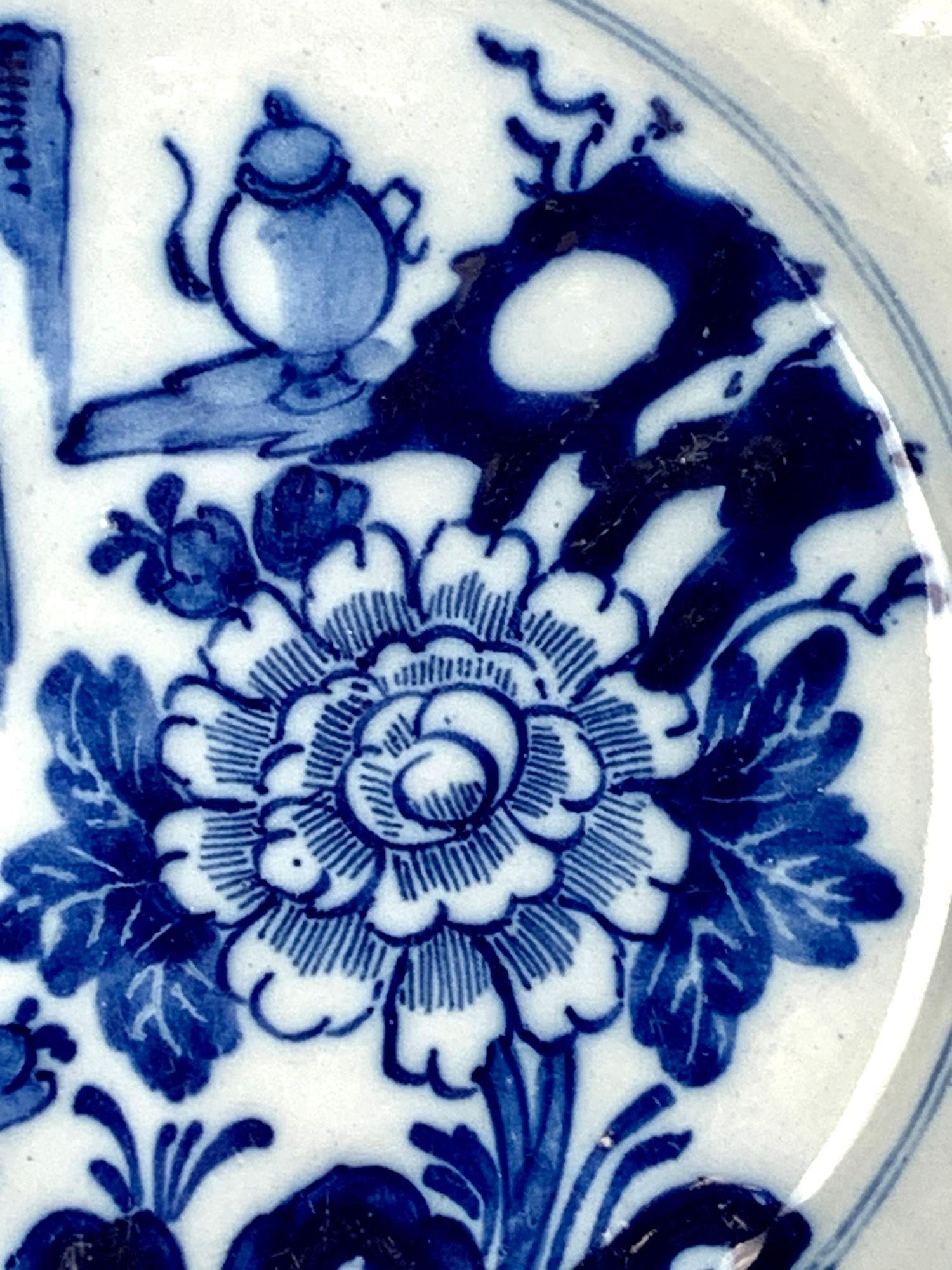 Chinoiserie Blue and White Delft Plate Hand Painted Netherlands Ca. 1800 w/ Mark of The Claw For Sale