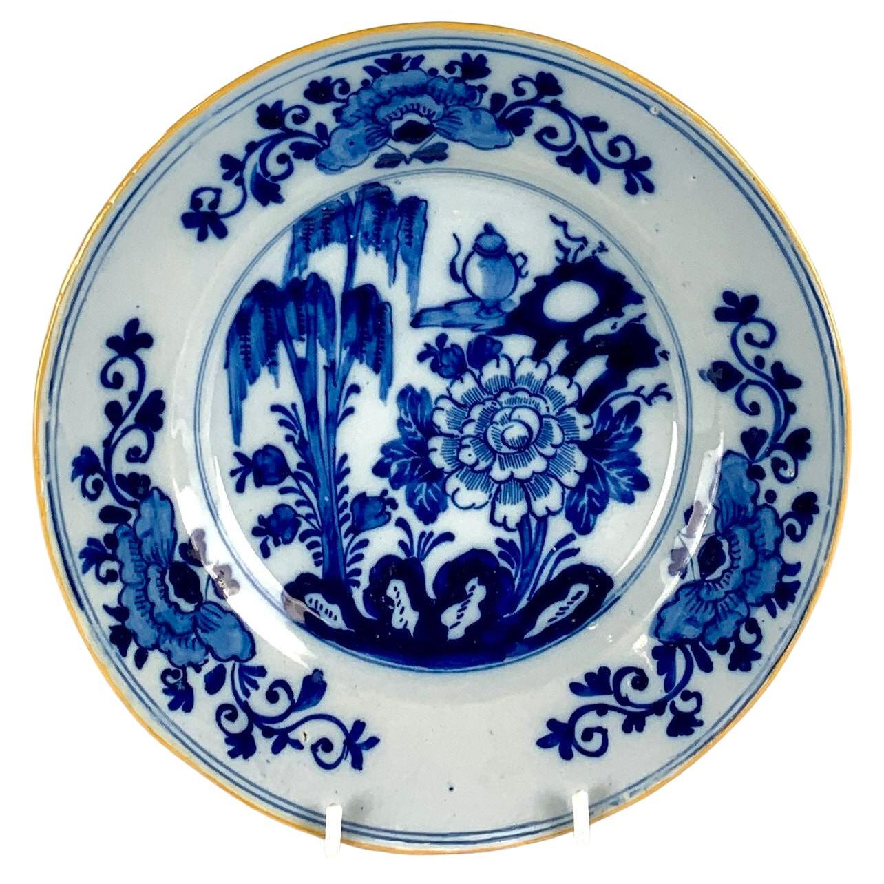 Blue and White Delft Plate Hand Painted Netherlands Ca. 1800 w/ Mark of The Claw For Sale