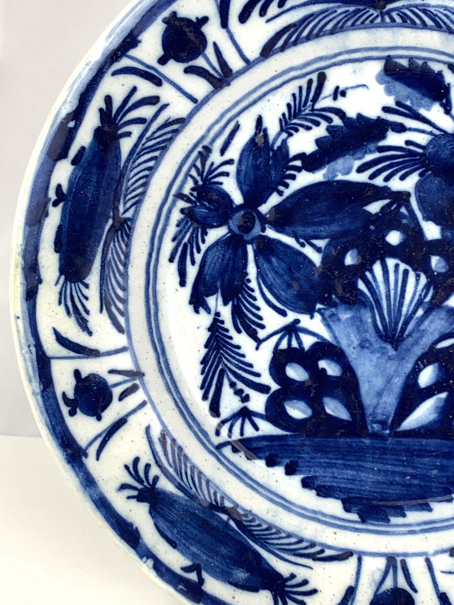 Hand-Painted Blue and White Delft Plate or Dish Hand Painted Circa 1800 For Sale