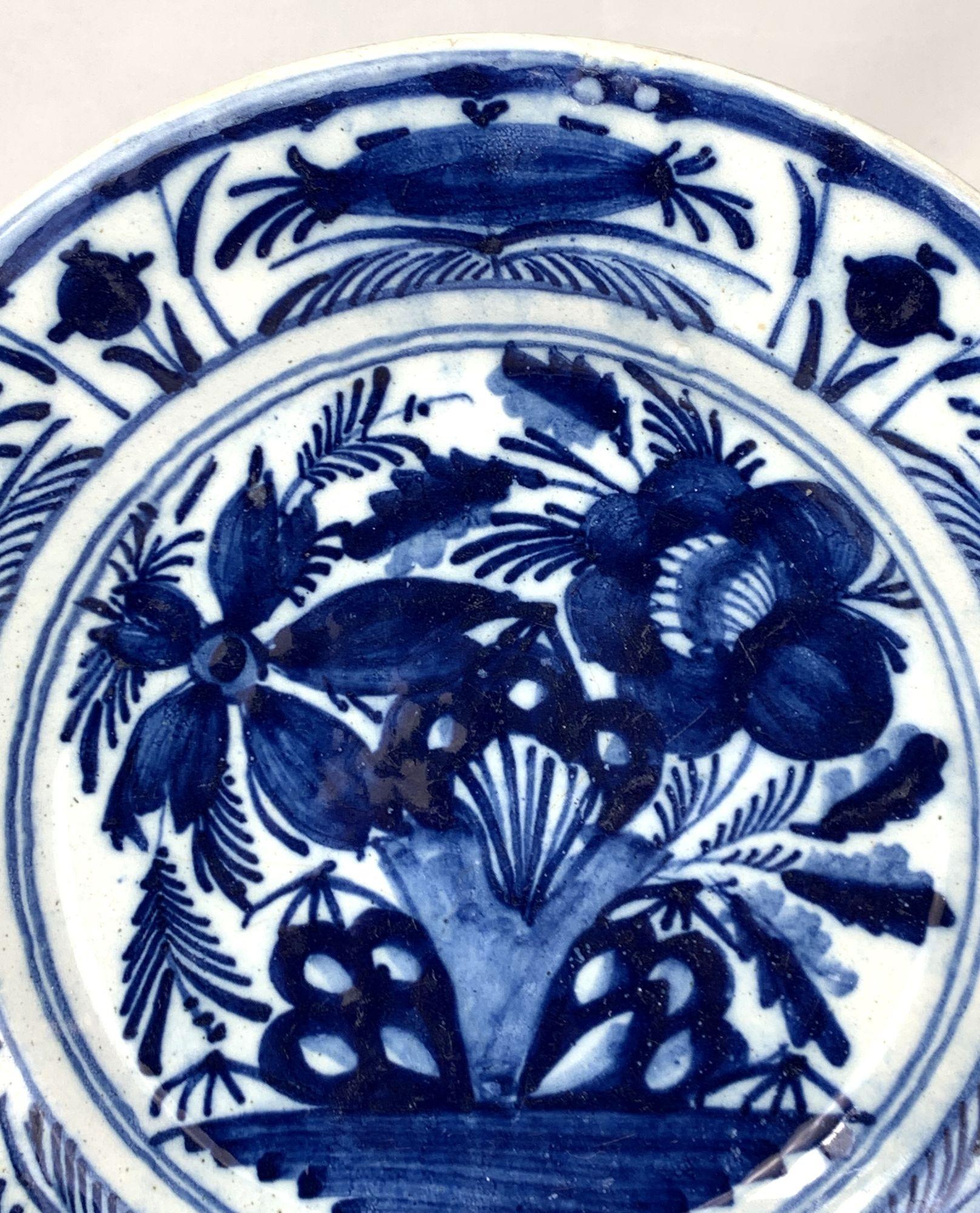 Blue and White Delft Plate or Dish Hand Painted Circa 1800 In Excellent Condition For Sale In Katonah, NY