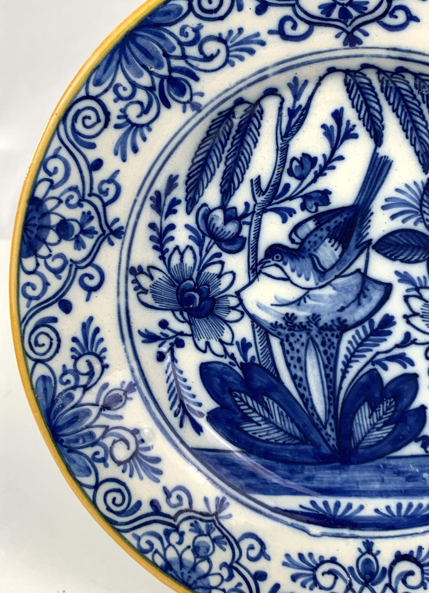 Blue and White Delft Plate with Bird Made Netherlands 18th Century Circa 1780 In Excellent Condition For Sale In Katonah, NY