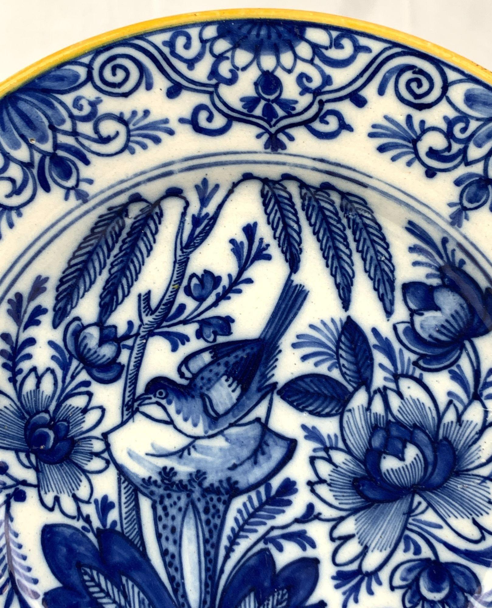 Blue and White Delft Plate with Bird Made Netherlands 18th Century Circa 1780 For Sale 1