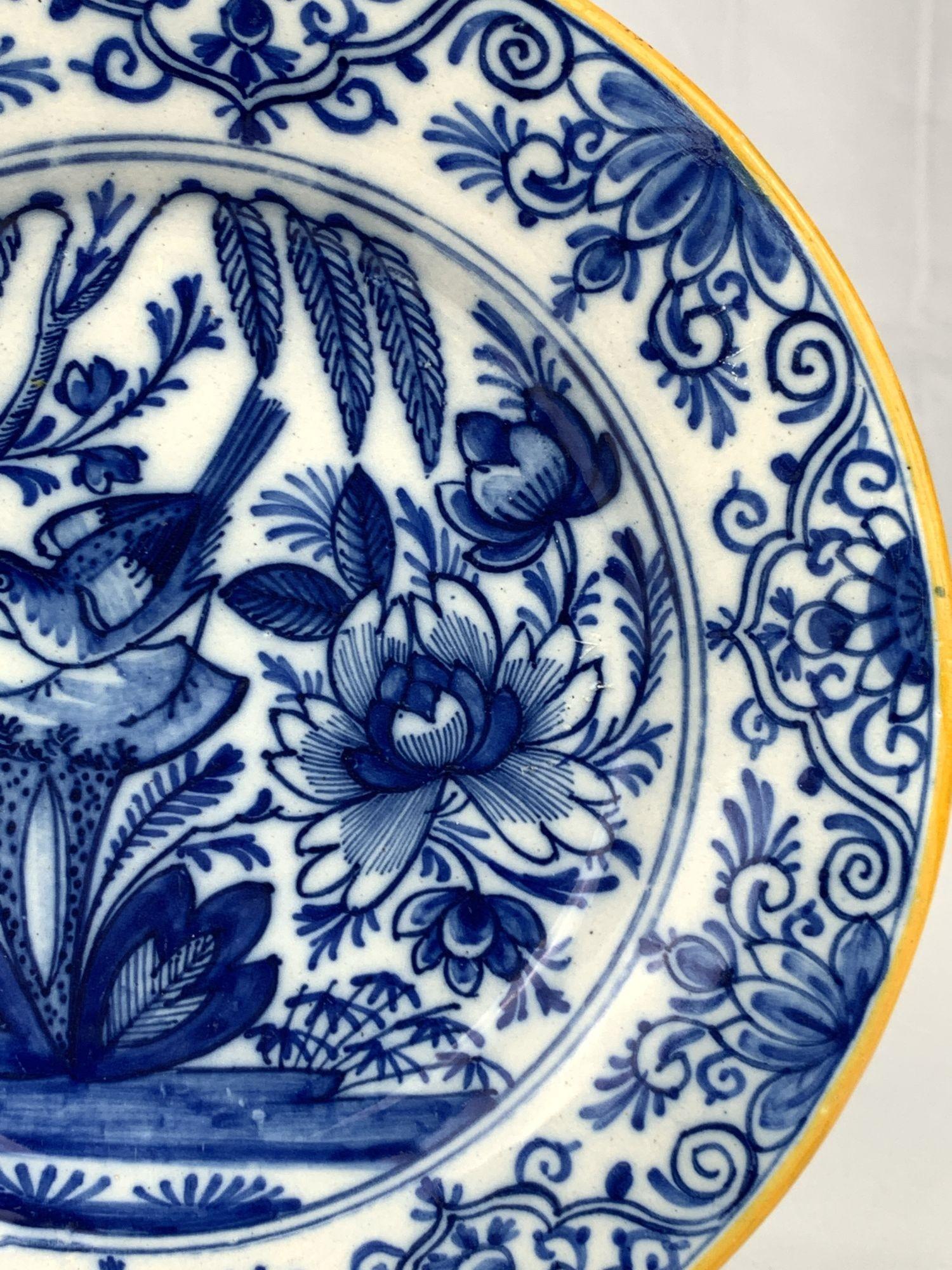 Blue and White Delft Plate with Bird Made Netherlands 18th Century Circa 1780 For Sale 2