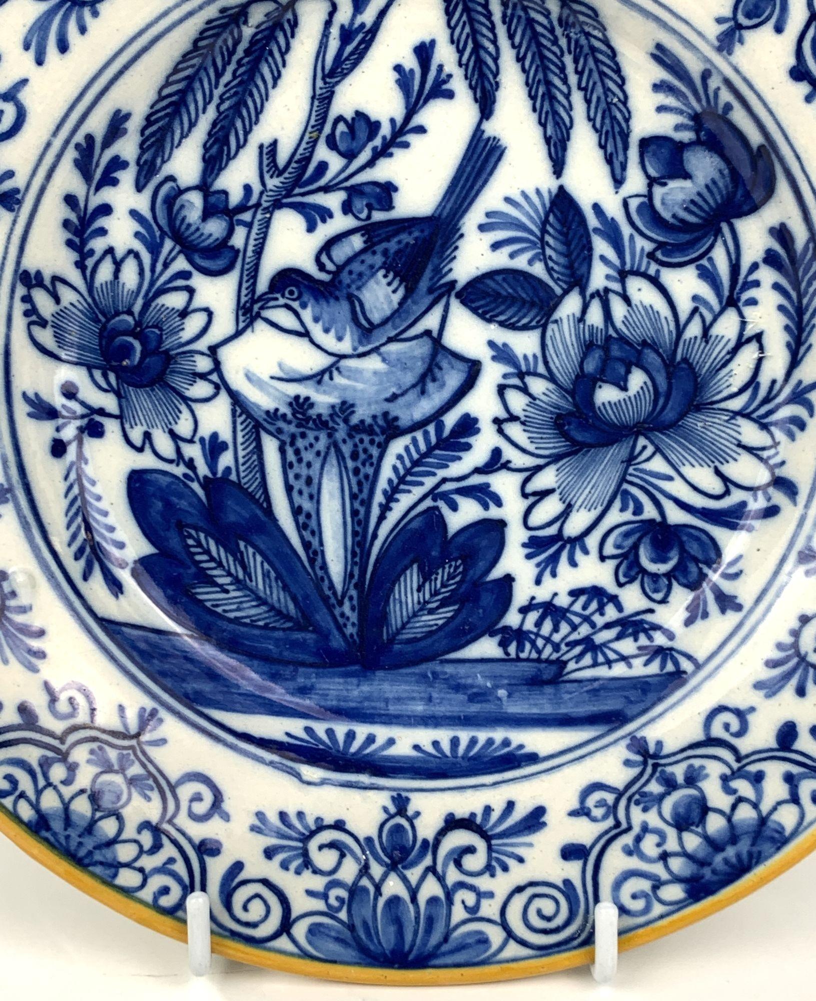 Blue and White Delft Plate with Bird Made Netherlands 18th Century Circa 1780 For Sale 3