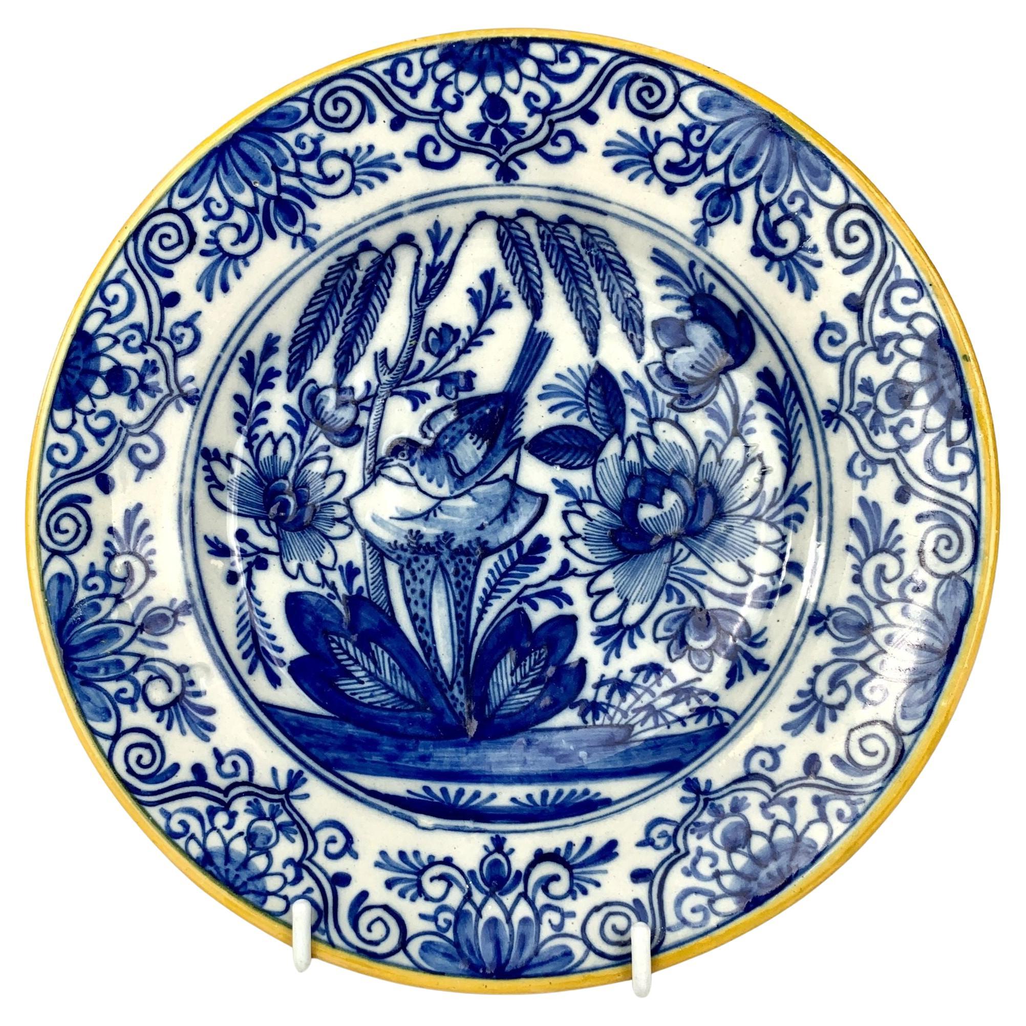 Blue and White Delft Plate with Bird Made Netherlands 18th Century Circa 1780 For Sale