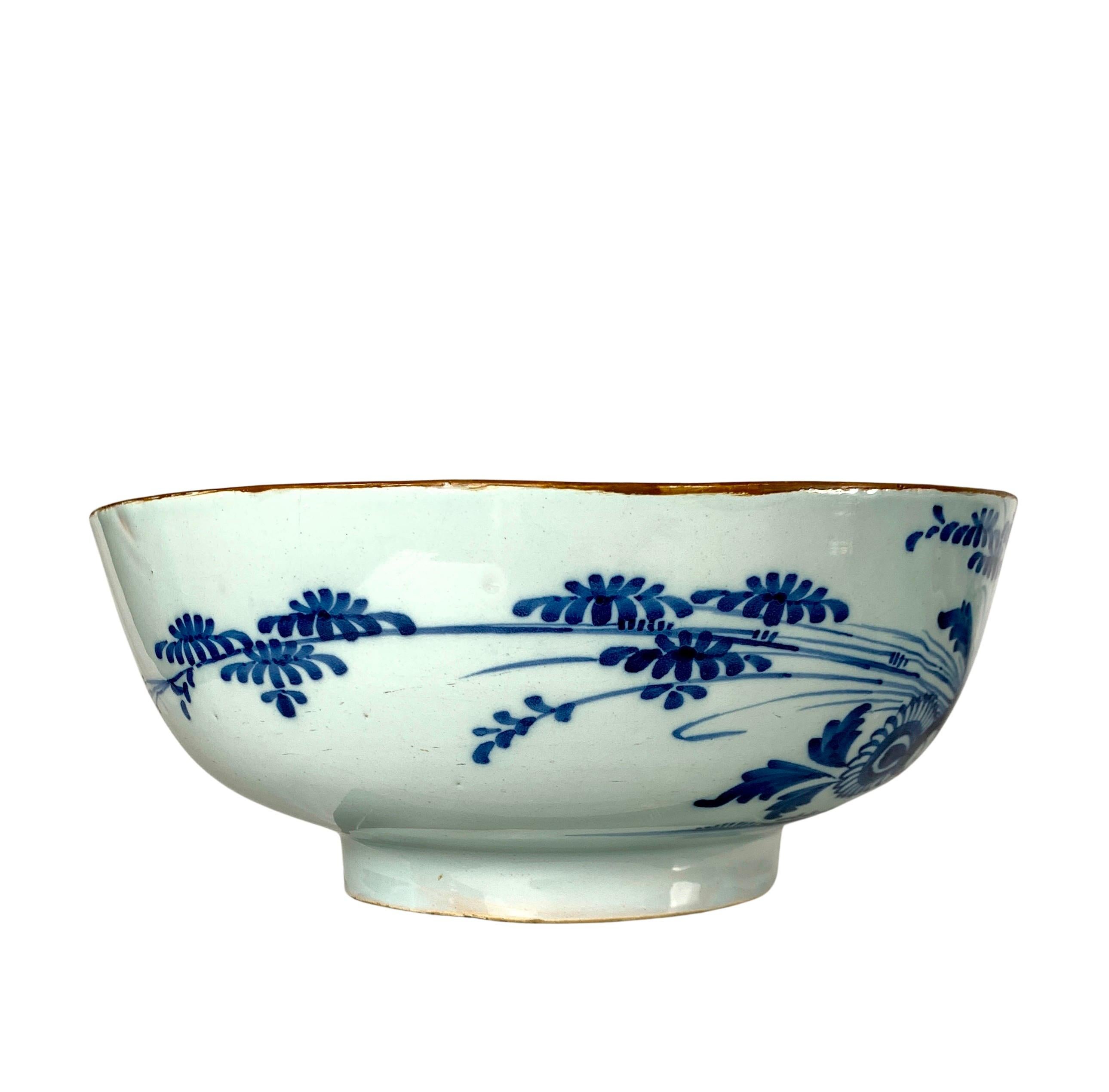 Rococo Blue and White Delft Punch Bowl Hand Painted Mid 18th Century Netherlands For Sale