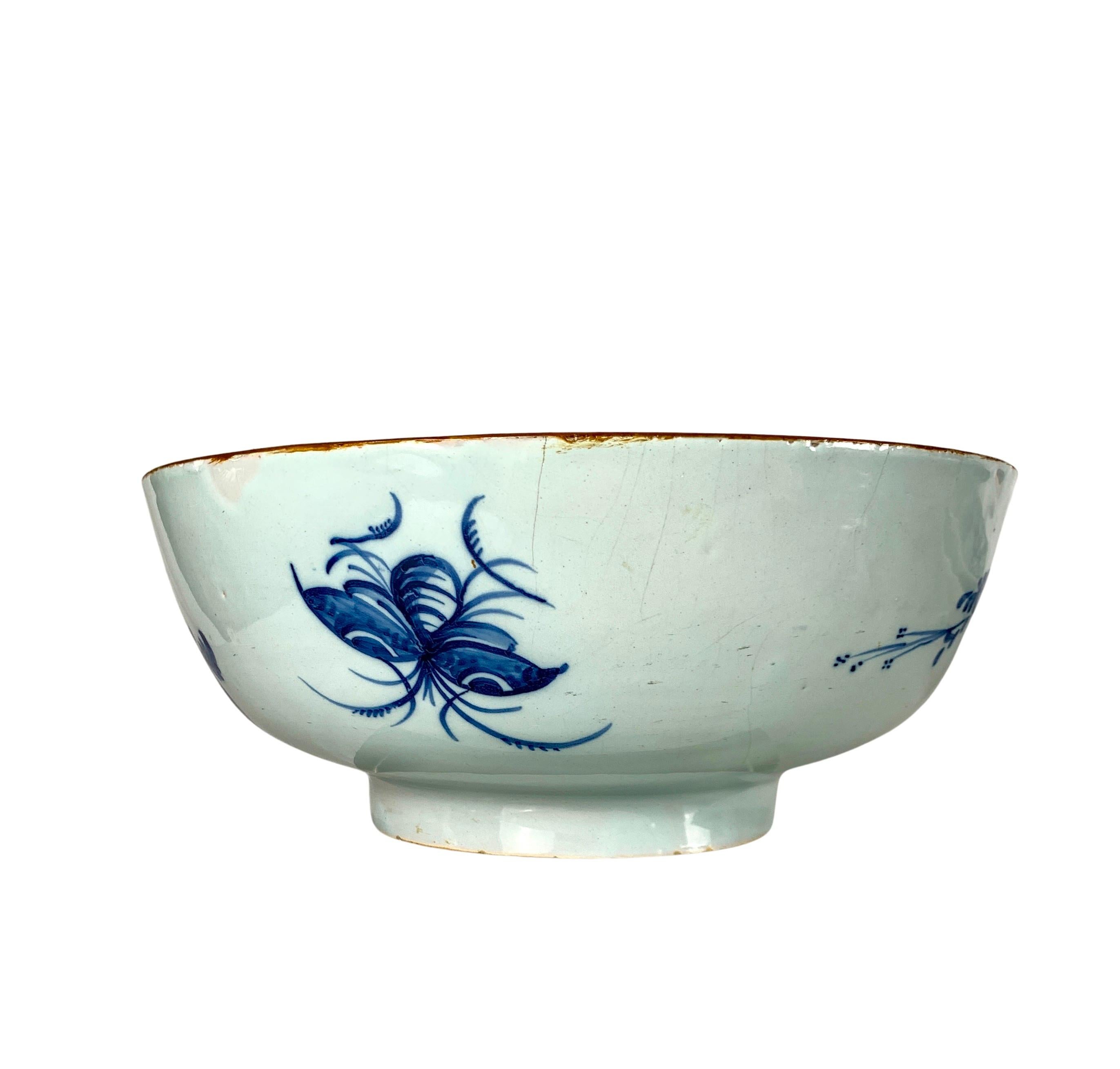 Dutch Blue and White Delft Punch Bowl Hand Painted Mid 18th Century Netherlands For Sale