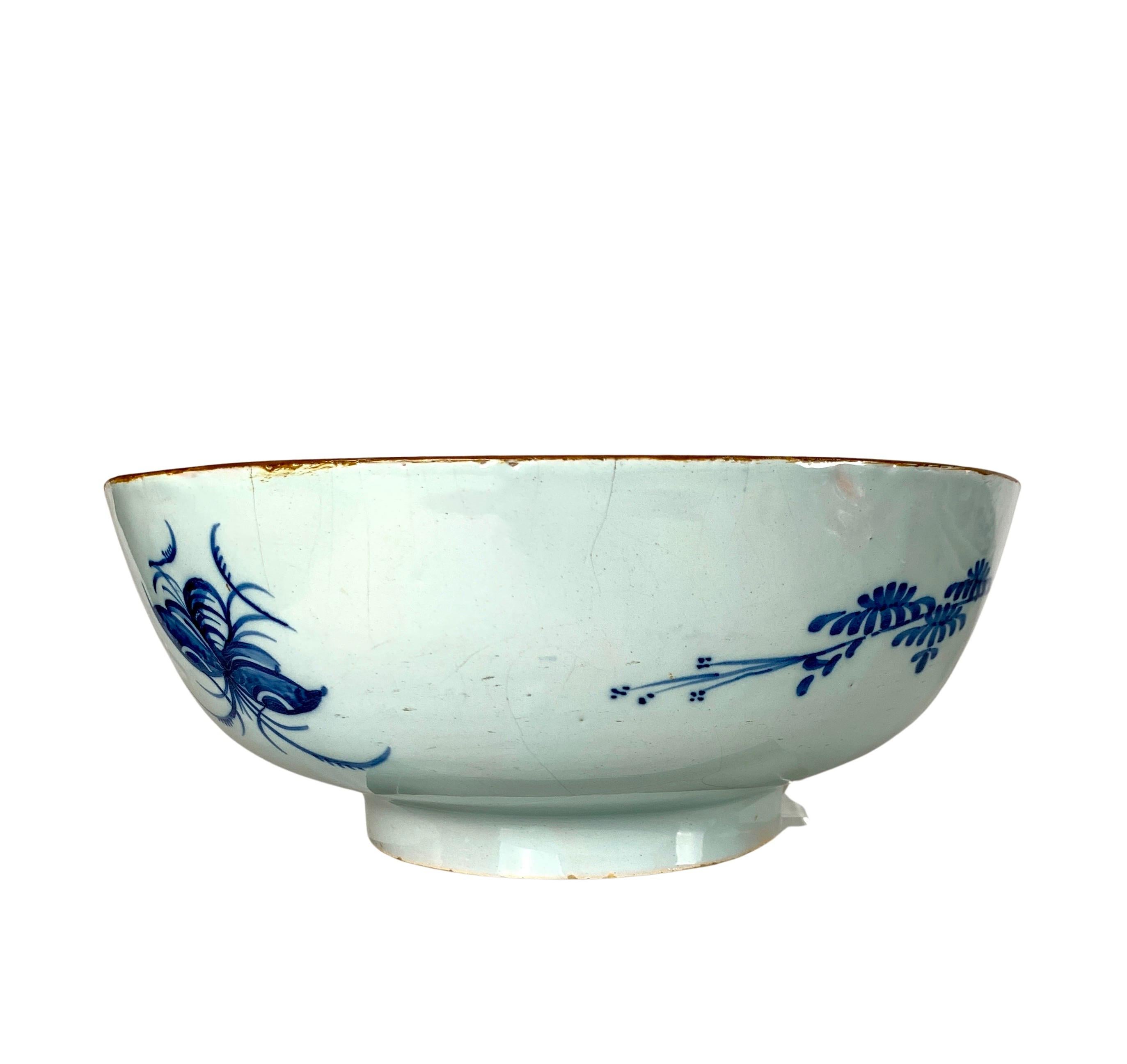 Hand-Painted Blue and White Delft Punch Bowl Hand Painted Mid 18th Century Netherlands For Sale